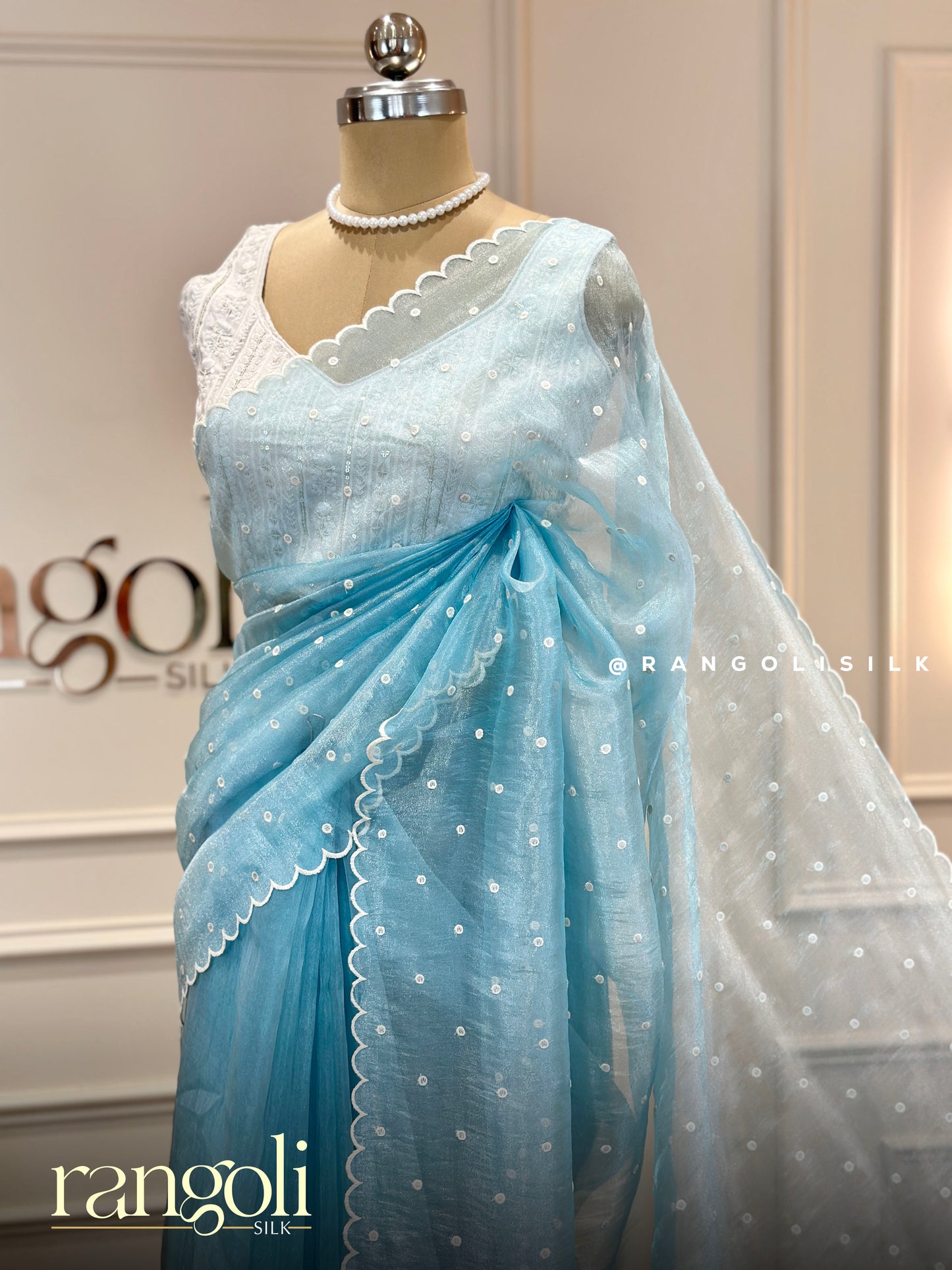 Designer Saree with Sequin Buti Work and Scalloped Embroidered Border - Post 824