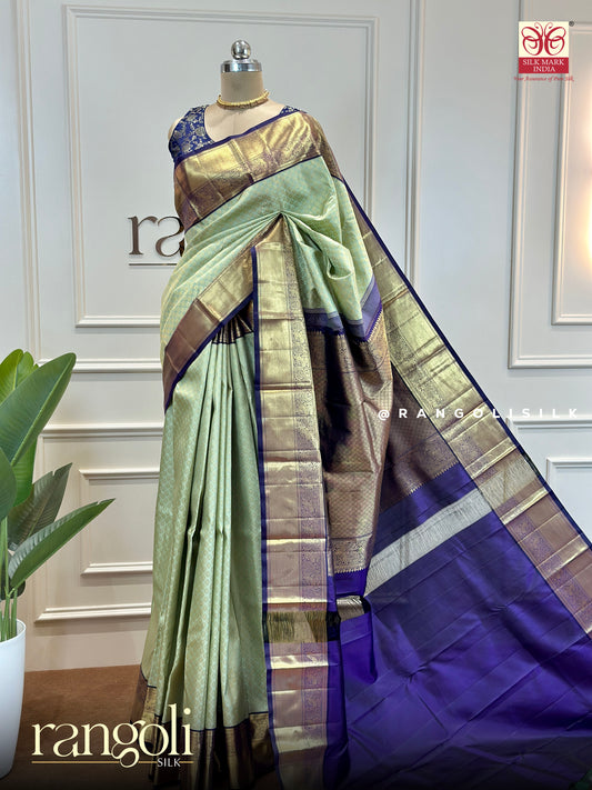 Pure Kanjivaram Silk Saree – Pastel Green with Royal Purple Border & Golden Zari Detailing - Post 524