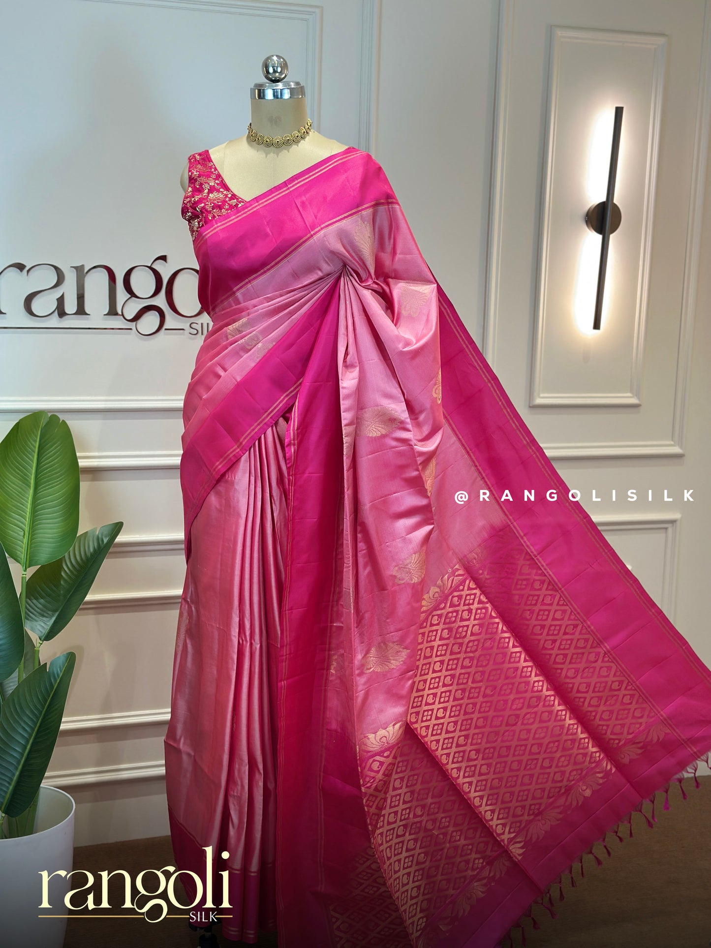 Dual Tone Pink Soft Silk Saree with Gold Zari Motifs - Post 839