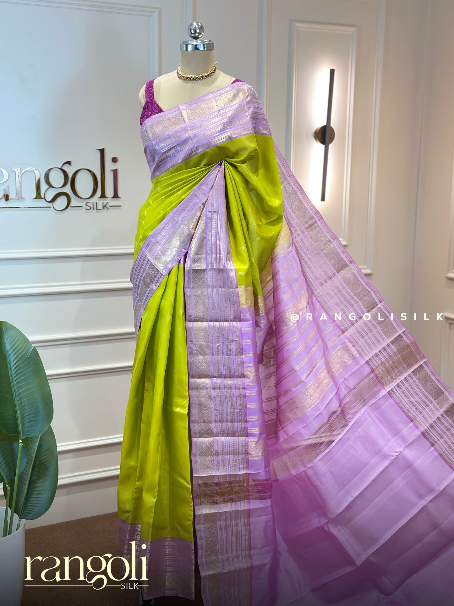 Pure Mix Kanjivaram Silk Saree - Lime Green & Lavender with Zari Work - Post 835
