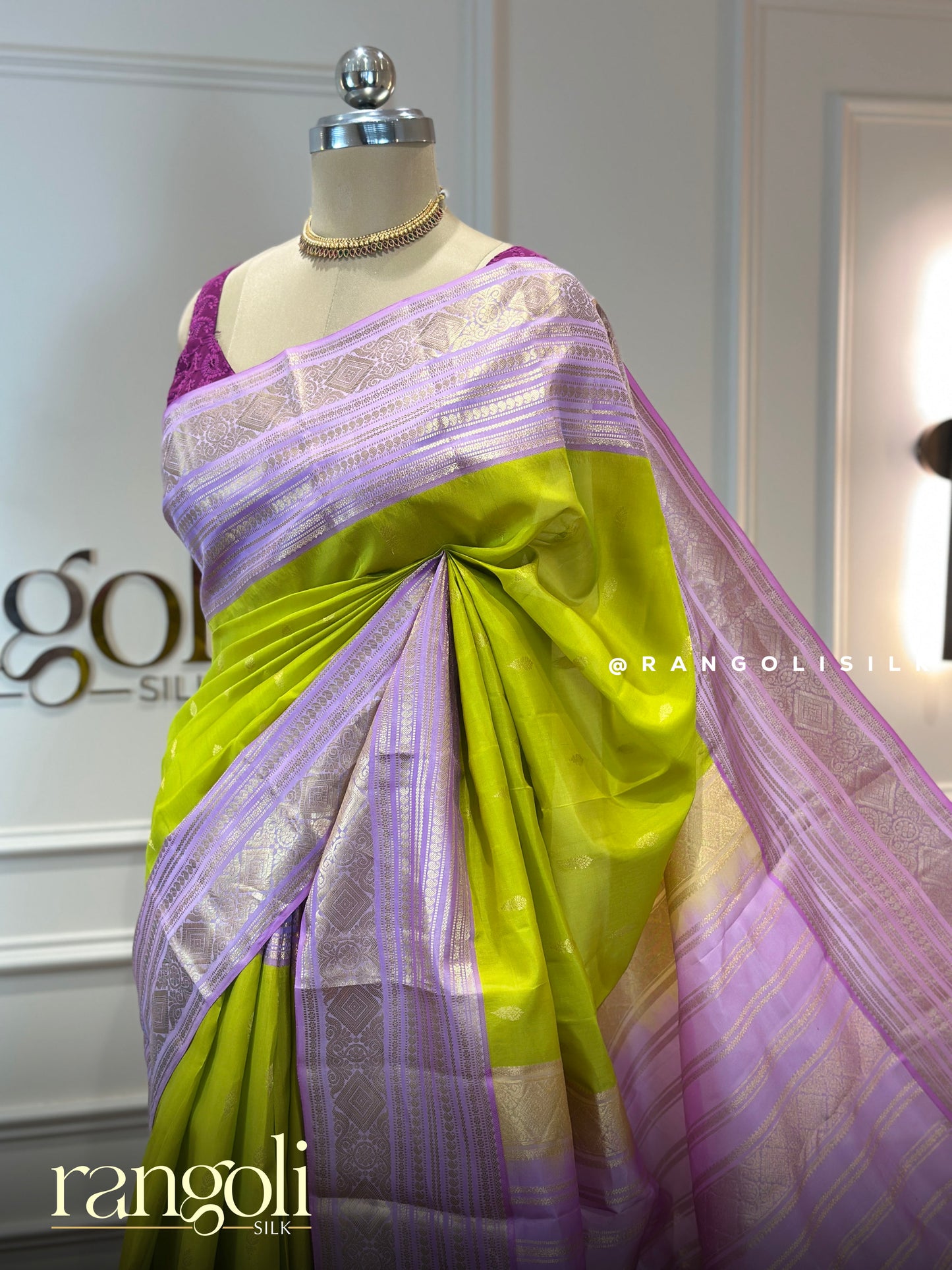 Pure Mix Kanjivaram Silk Saree - Lime Green & Lavender with Zari Work - Post 835