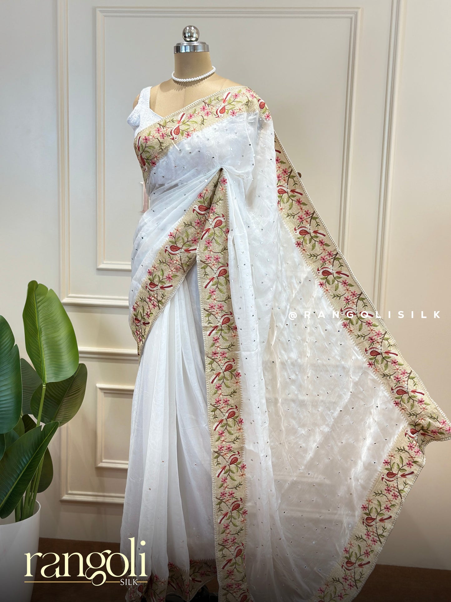 Designer Saree with Floral Embroidery and Bird Motif Border with Subtle Embellished Body - Post 822