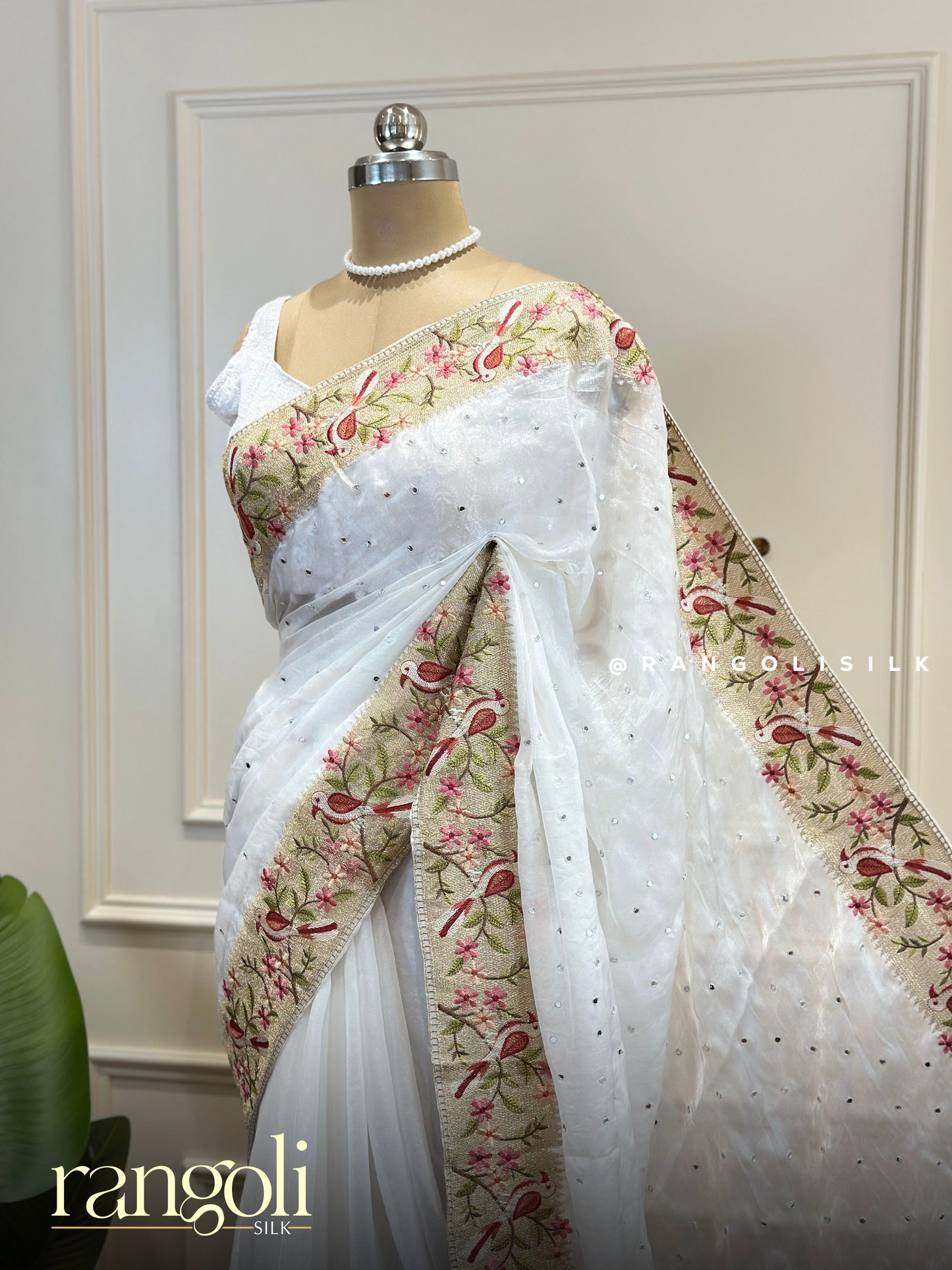 Designer Saree with Floral Embroidery and Bird Motif Border with Subtle Embellished Body - Post 822