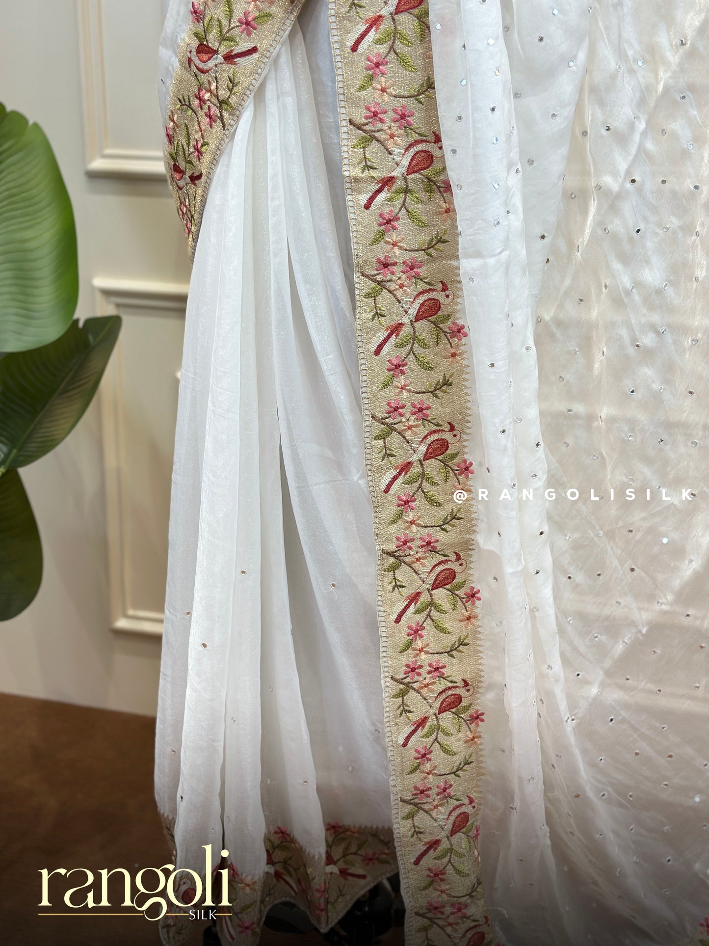 Designer Saree with Floral Embroidery and Bird Motif Border with Subtle Embellished Body - Post 822