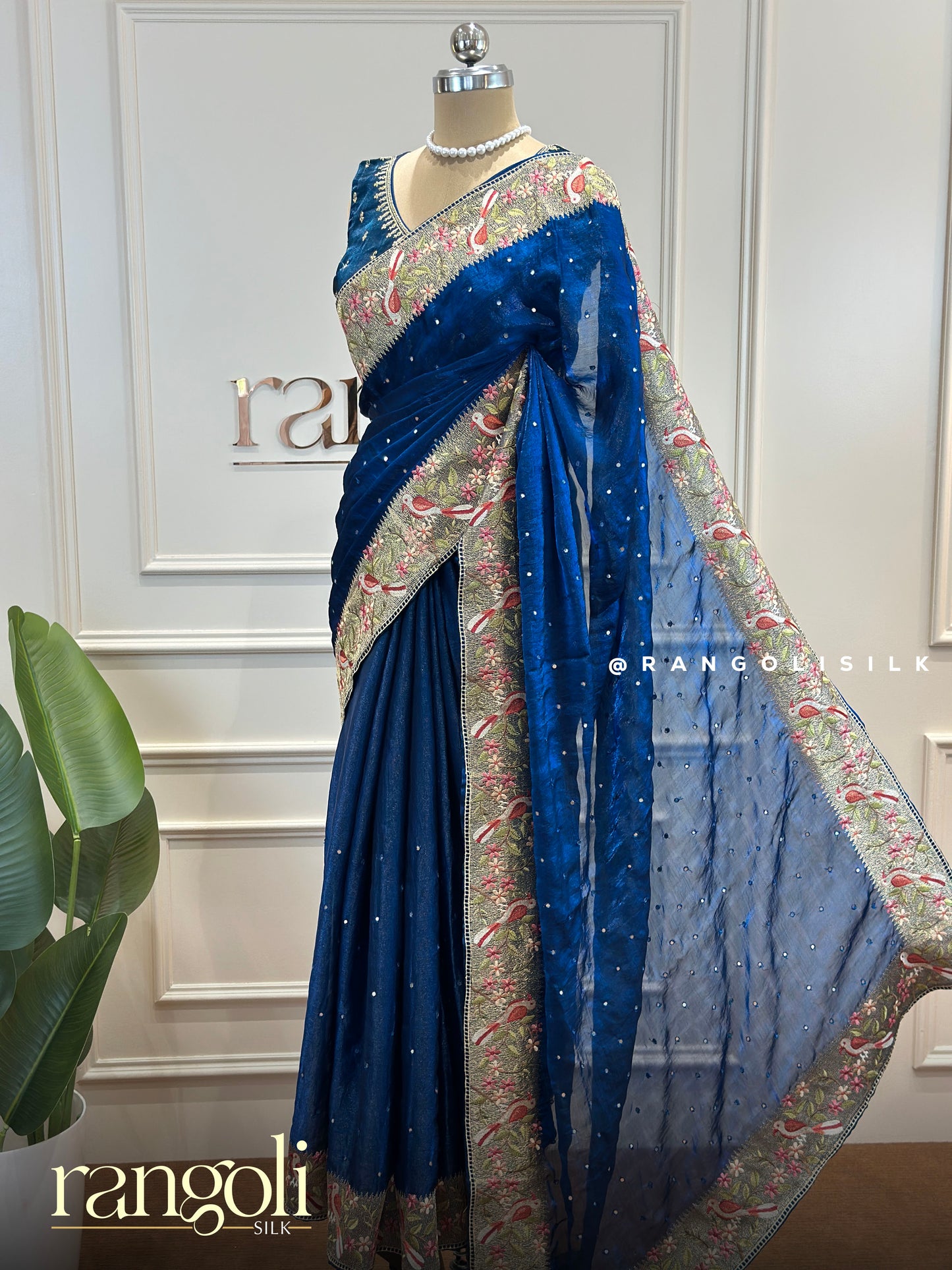 Designer Saree with Floral Embroidery and Bird Motif Border with Subtle Embellished Body - Post 822