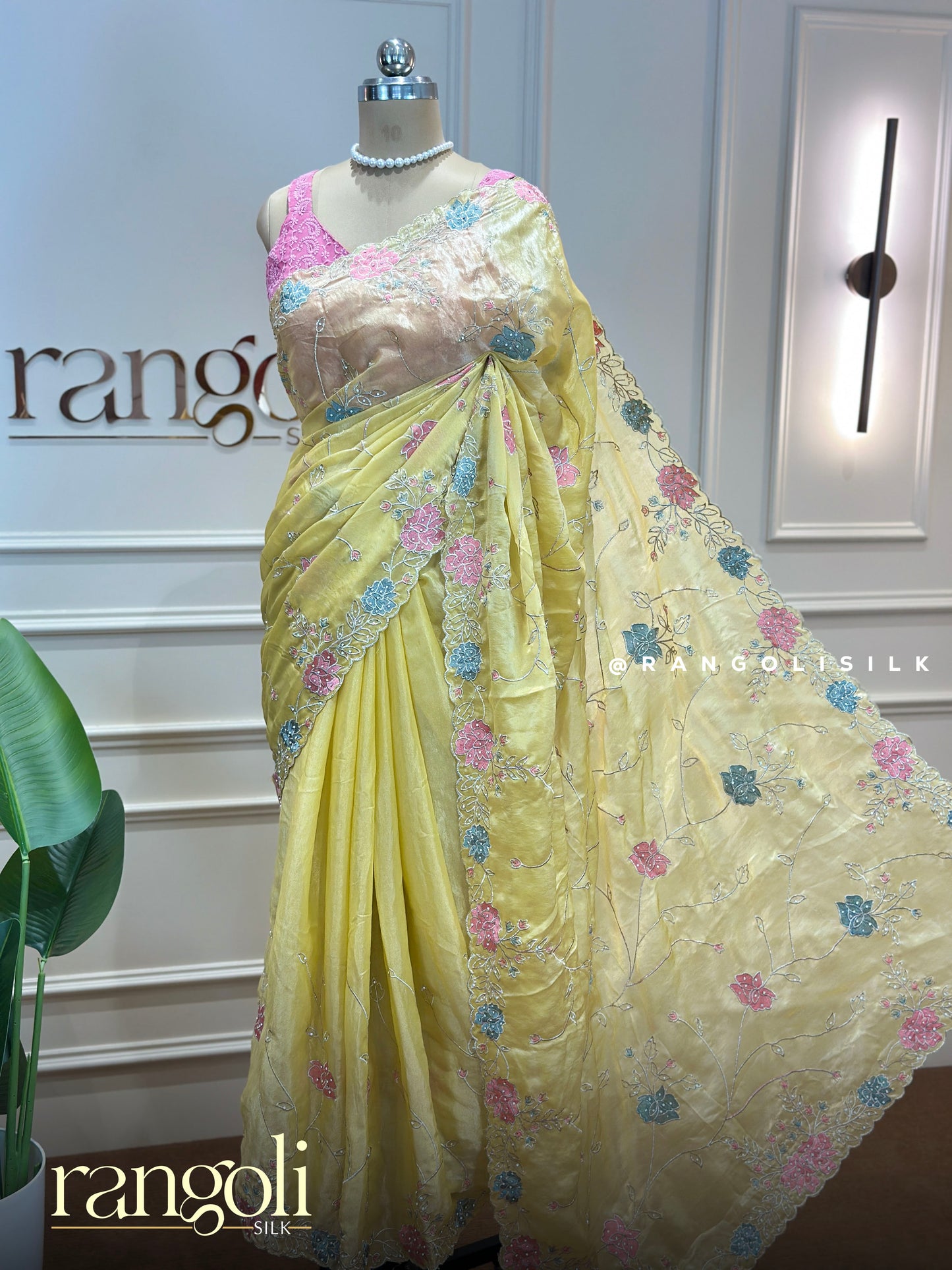 Pastel Yellow Floral Embroidered Designer Saree - Post 831