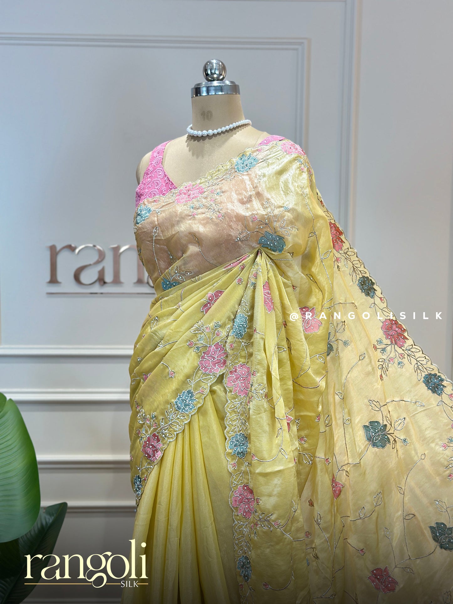 Pastel Yellow Floral Embroidered Designer Saree - Post 831