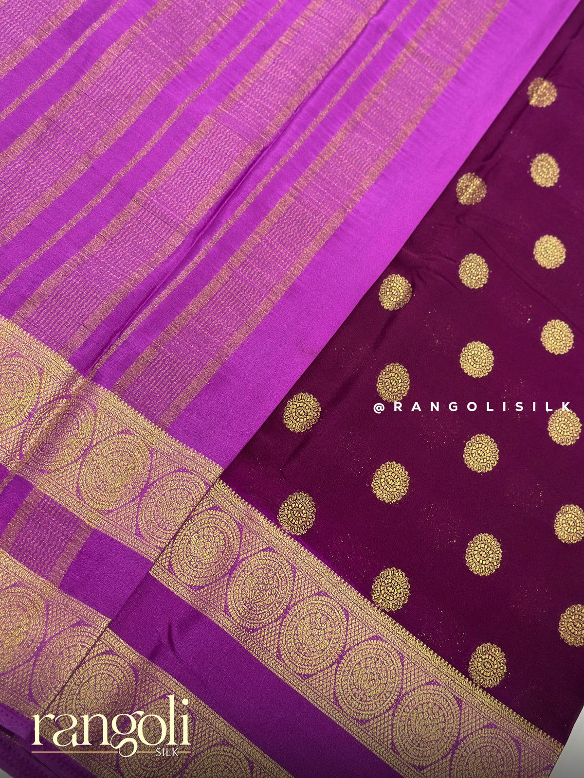 Semi Mysore Crepe Silk Saree with Gold Zari Buttas & Contrast Bentex Border - Post 1042