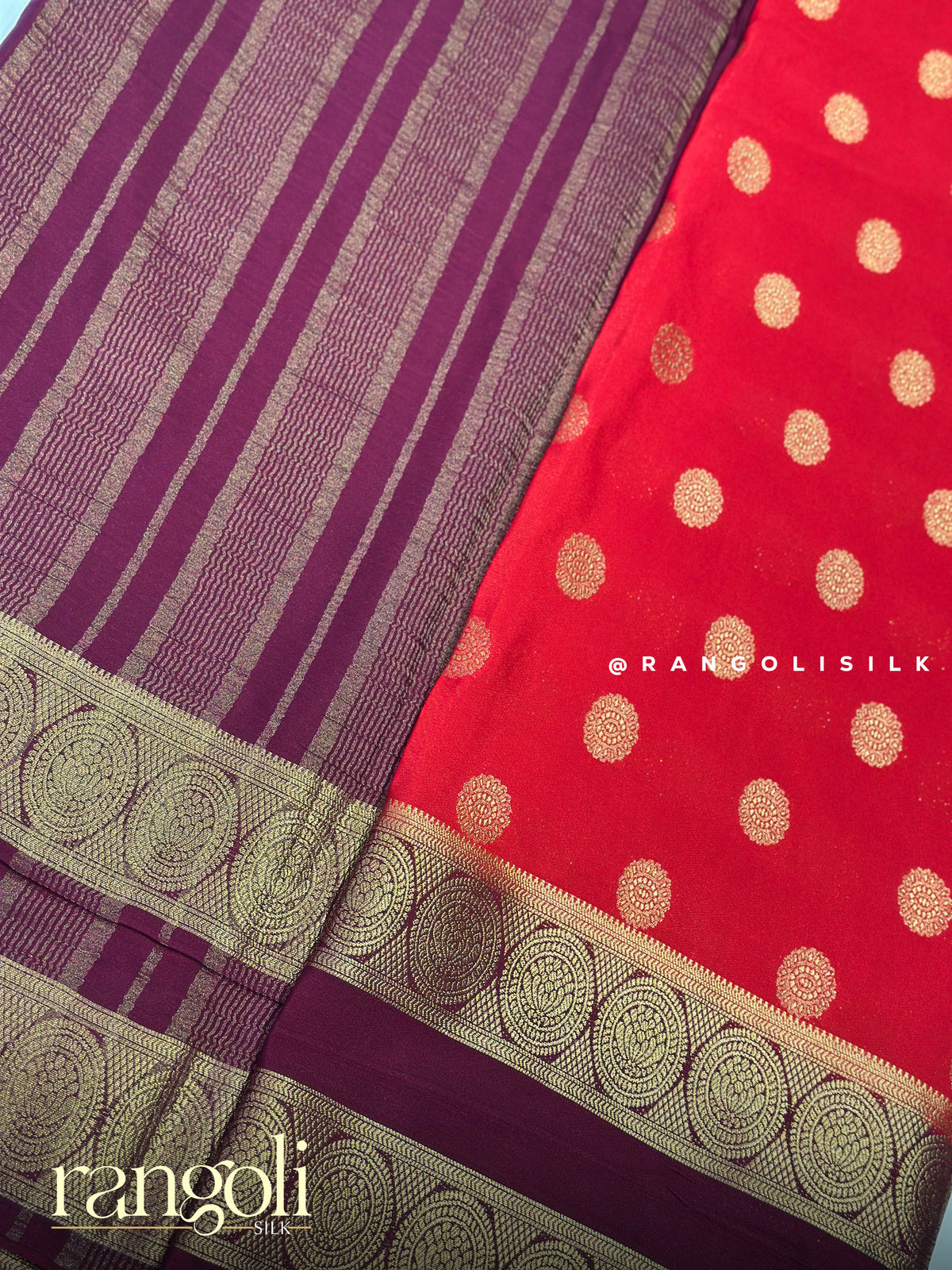 Semi Mysore Crepe Silk Saree with Gold Zari Buttas & Contrast Bentex Border - Post 1042