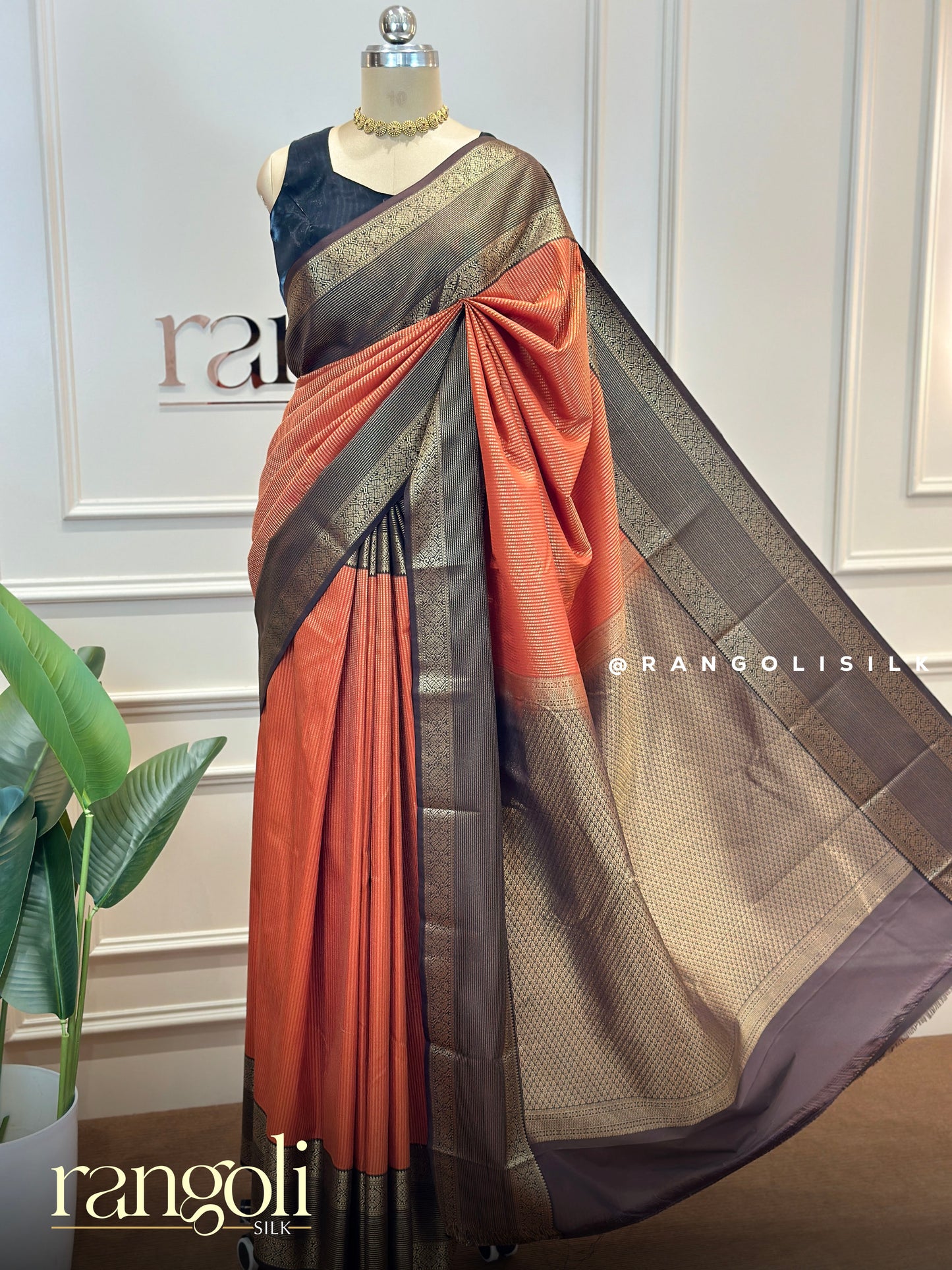 Semi Kanjivaram Silk Saree in Rust Orange with Zari Work - Post 729