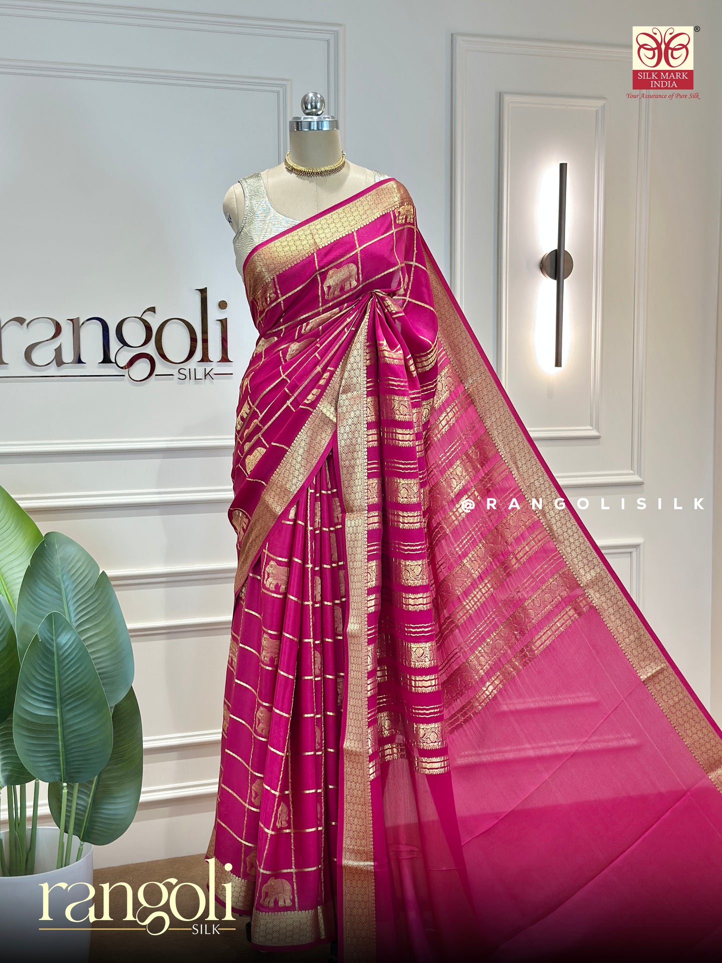 Pure Mysore Crepe Silk Saree in Rani Pink with Gold Zari Checks & Elephant Buttas - Silk Mark Certified - Post 957