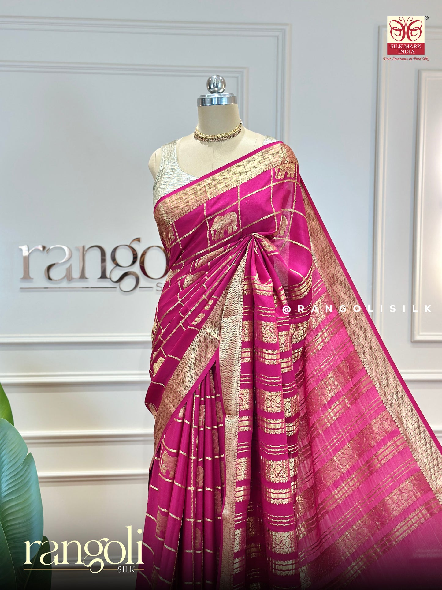 Pure Mysore Crepe Silk Saree in Rani Pink with Gold Zari Checks & Elephant Buttas - Silk Mark Certified - Post 957