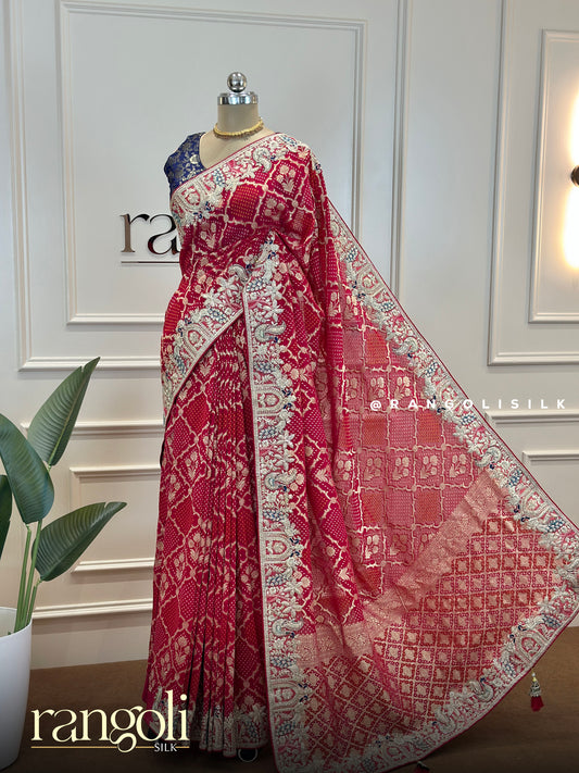 Red Banarasi Silk Saree with Blue Contrast & Rich Pallu - Post 534