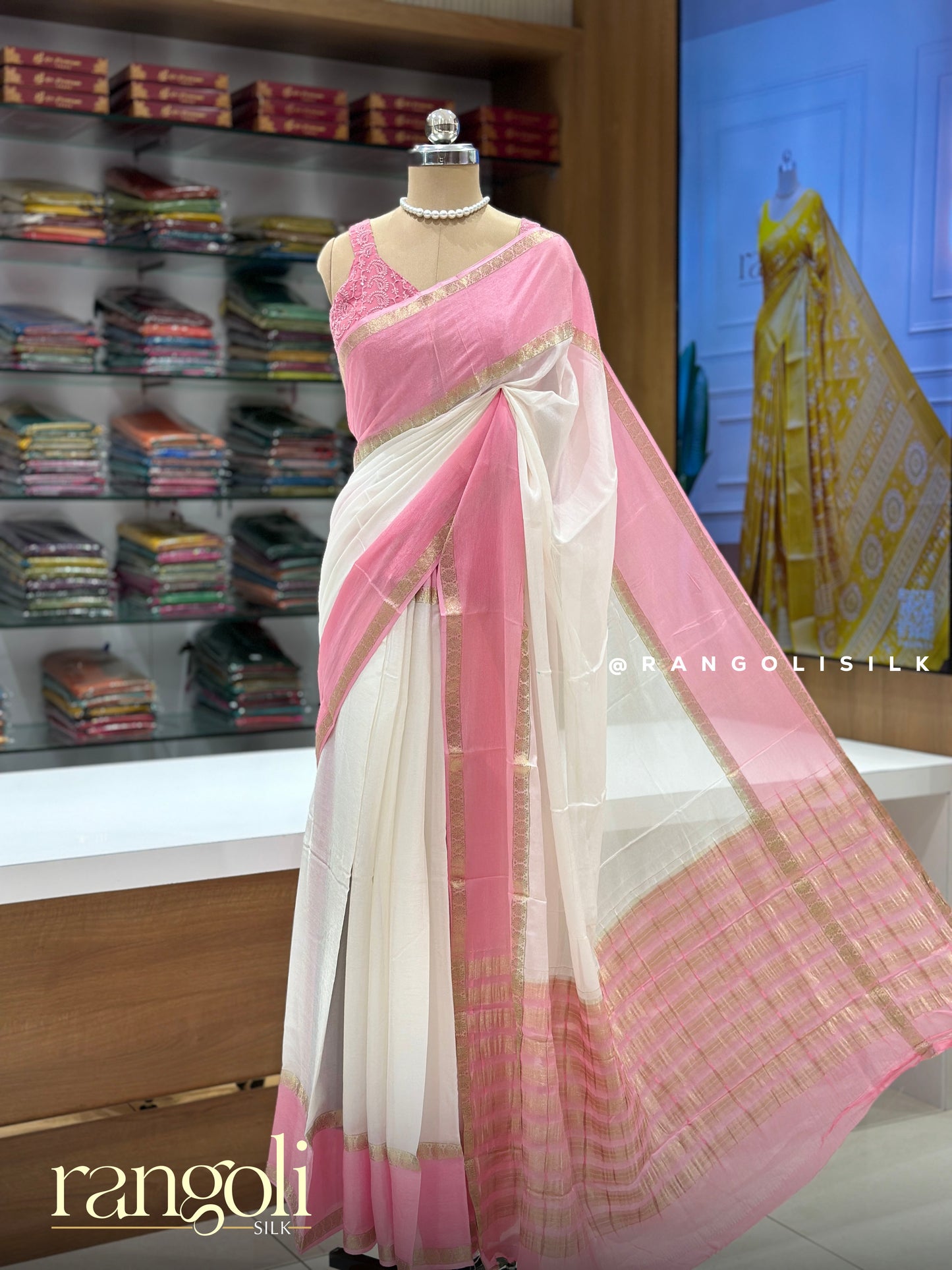 White Banaras Saree with Blush Pink Border & Striped Pallu - Post 948