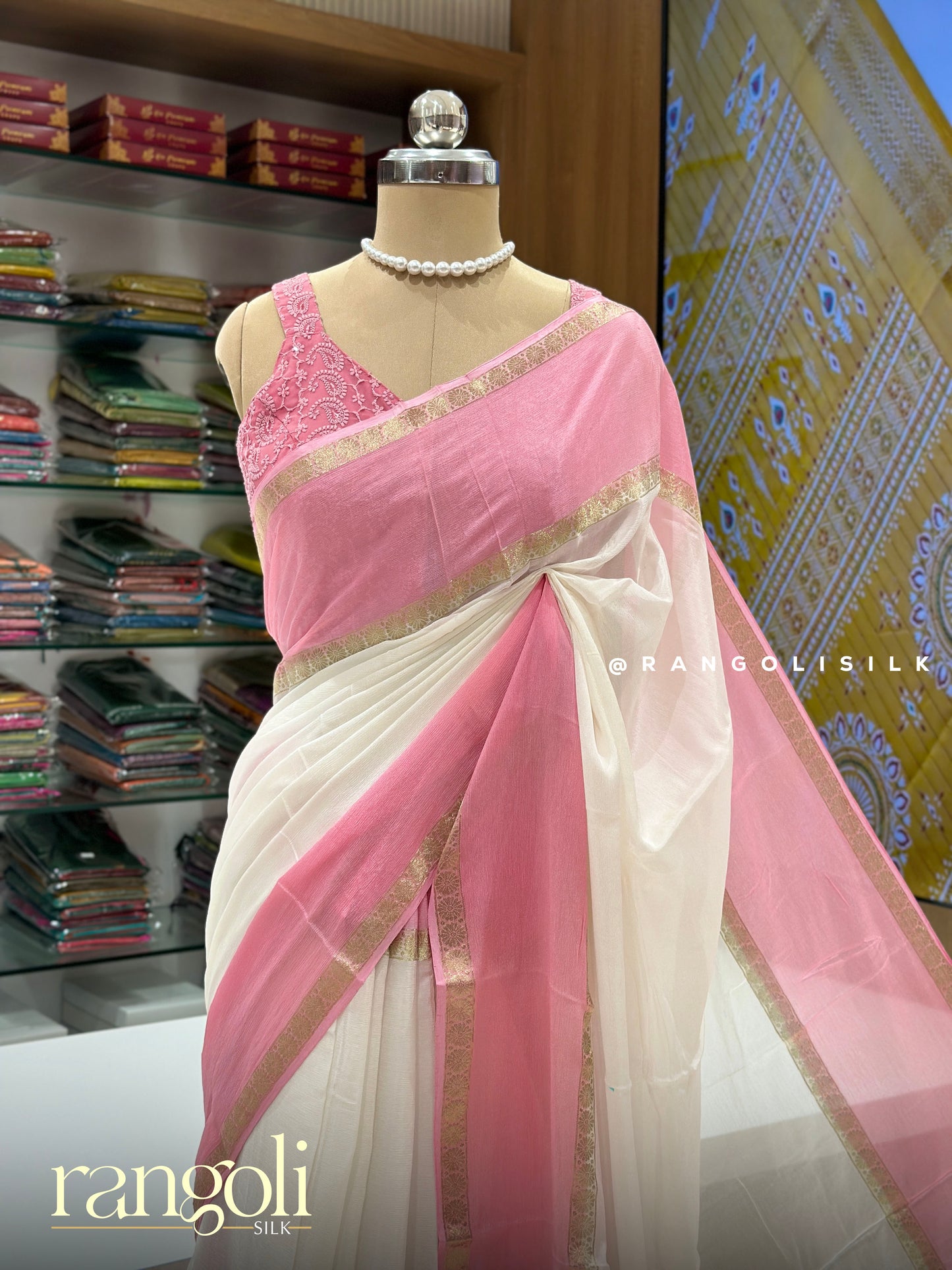 White Banaras Saree with Blush Pink Border & Striped Pallu - Post 948