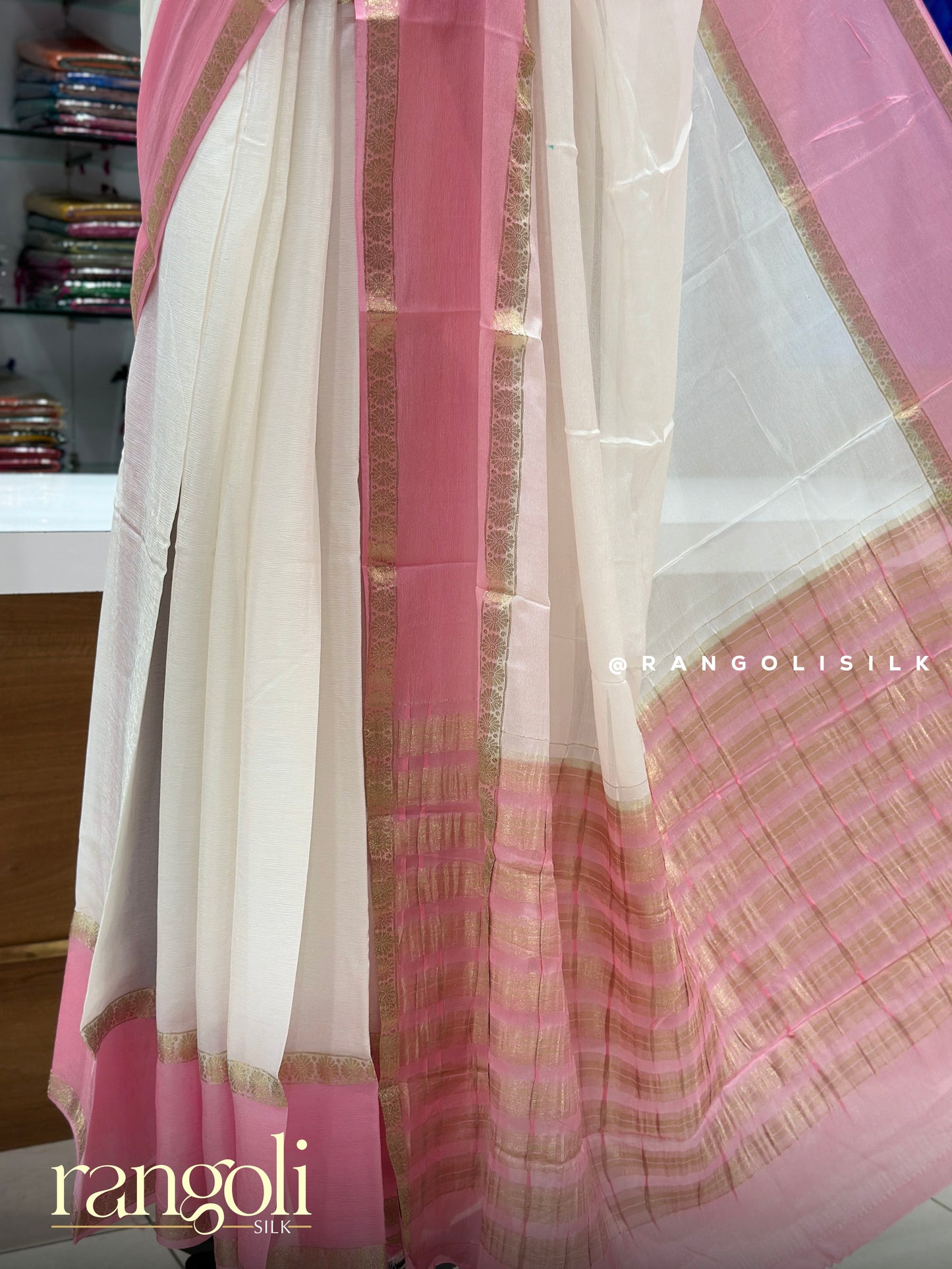White Banaras Saree with Blush Pink Border & Striped Pallu - Post 948