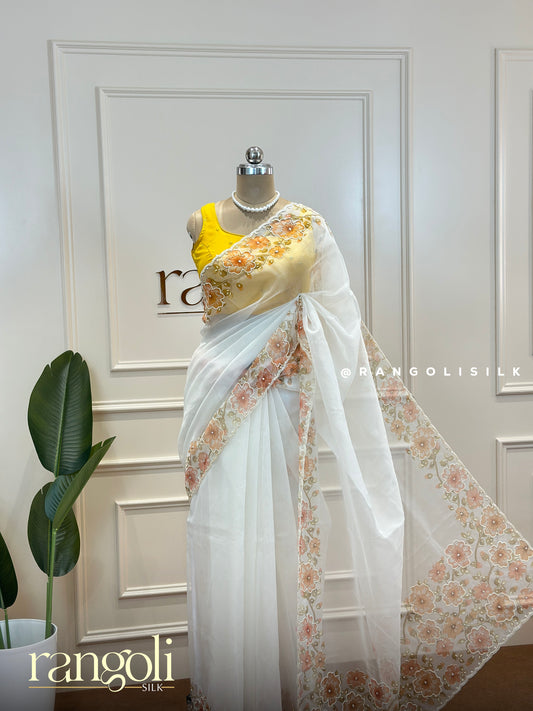 White Organza Saree with Vibrant Floral Detailing - Post 433
