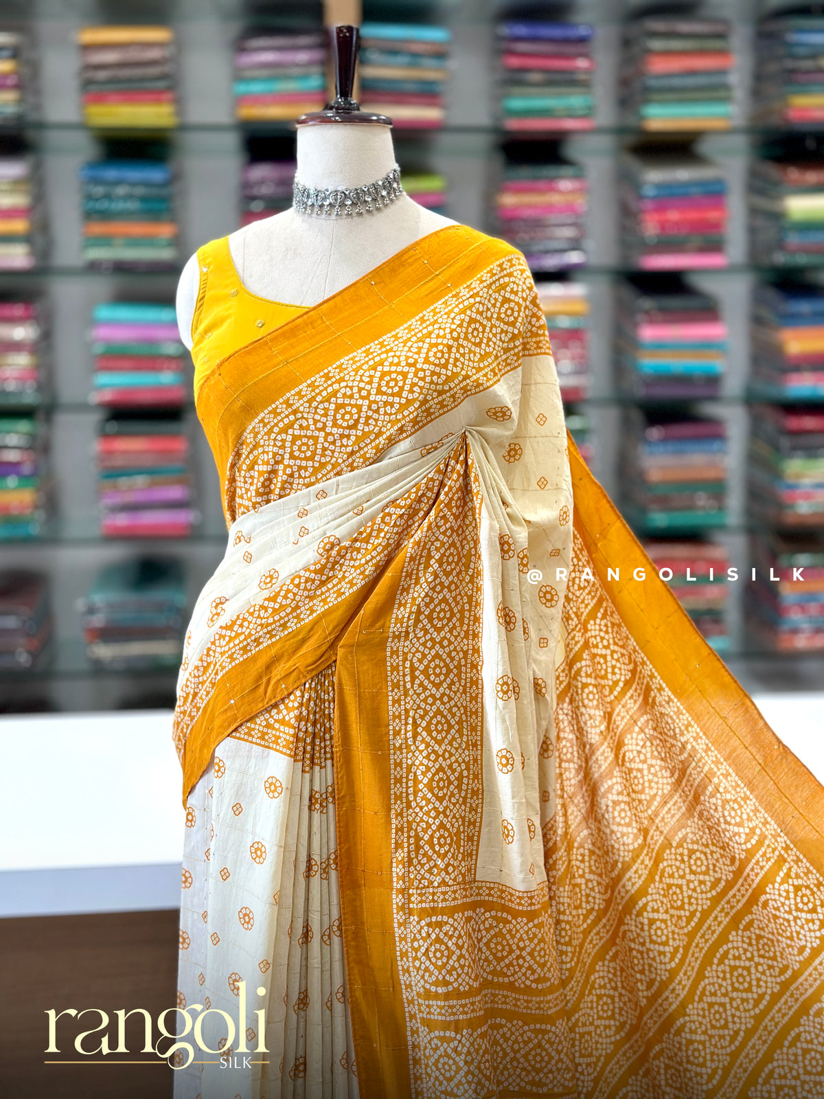 Cotton Saree with Floral Prints, Sequence Work & Bandhani Border - Post 1052