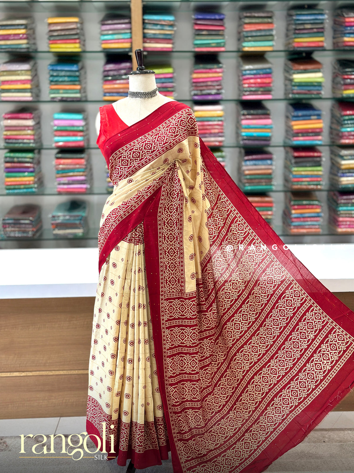 Cotton Saree with Floral Prints, Sequence Work & Bandhani Border - Post 1052