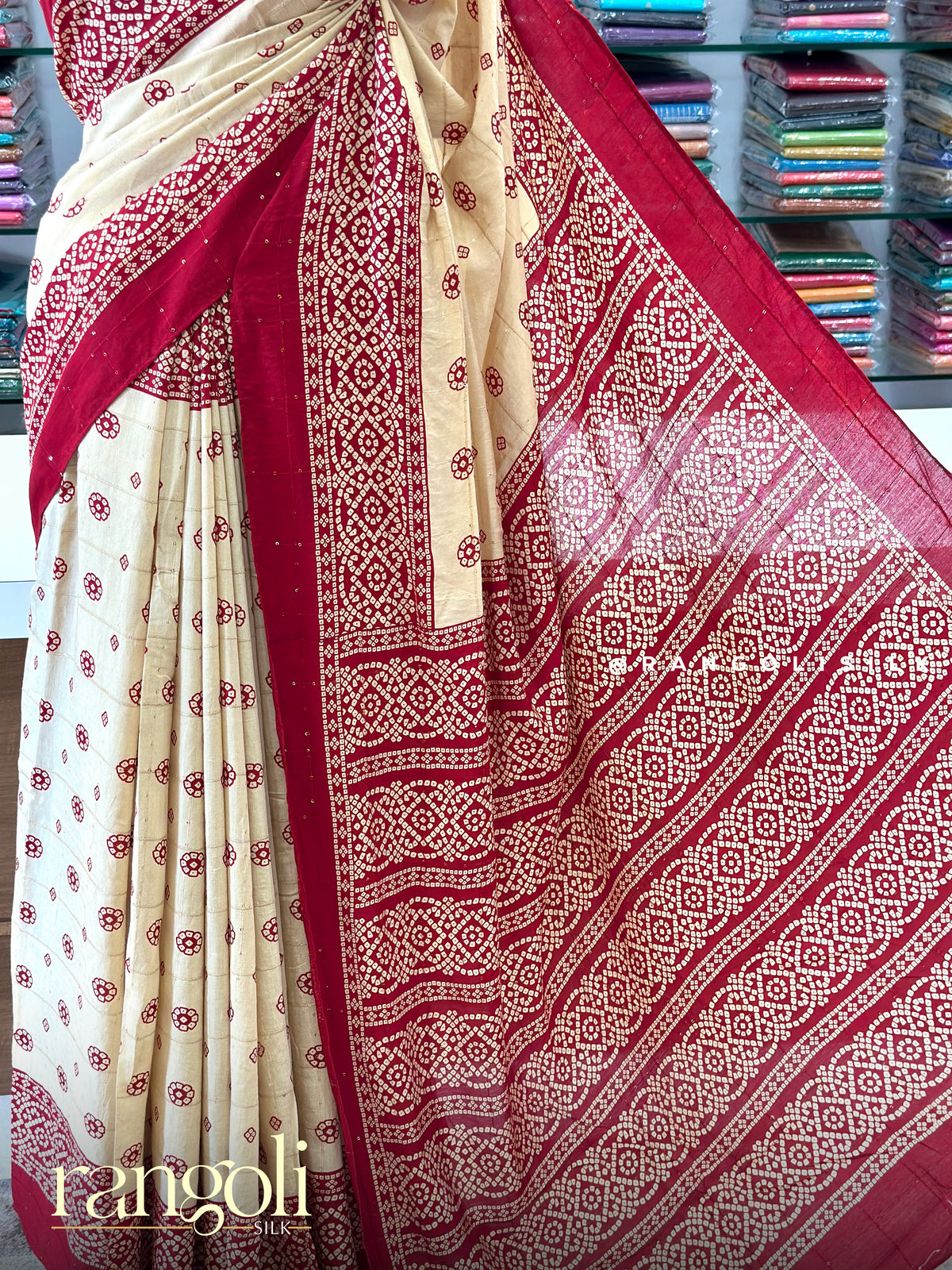 Cotton Saree with Floral Prints, Sequence Work & Bandhani Border - Post 1052