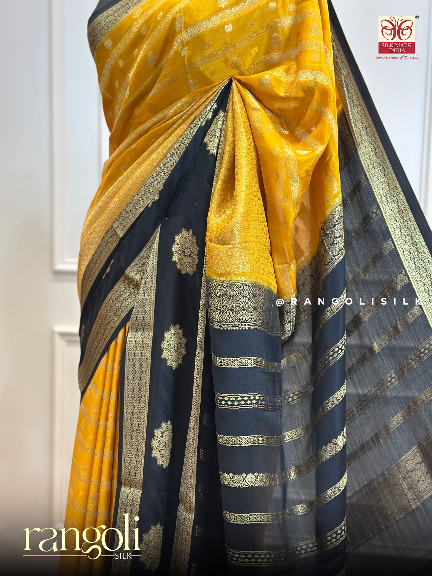 Pure Crepe Silk Saree in Mustard & Black - Post 440