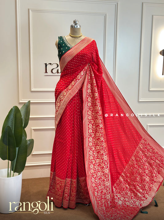 Red Banarasi Silk Saree with Golden Zari Weaving & Floral Borders - Post 538