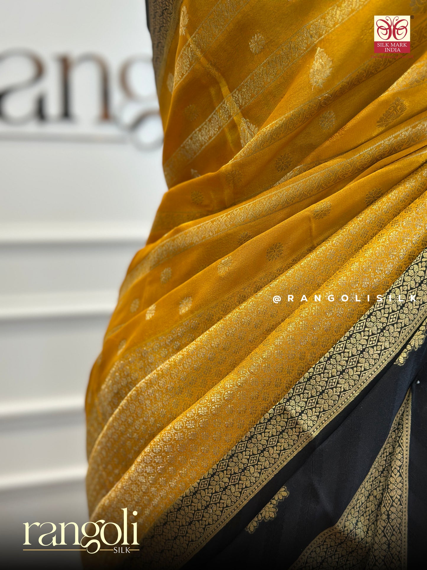 Pure Crepe Silk Saree in Mustard & Black - Post 440