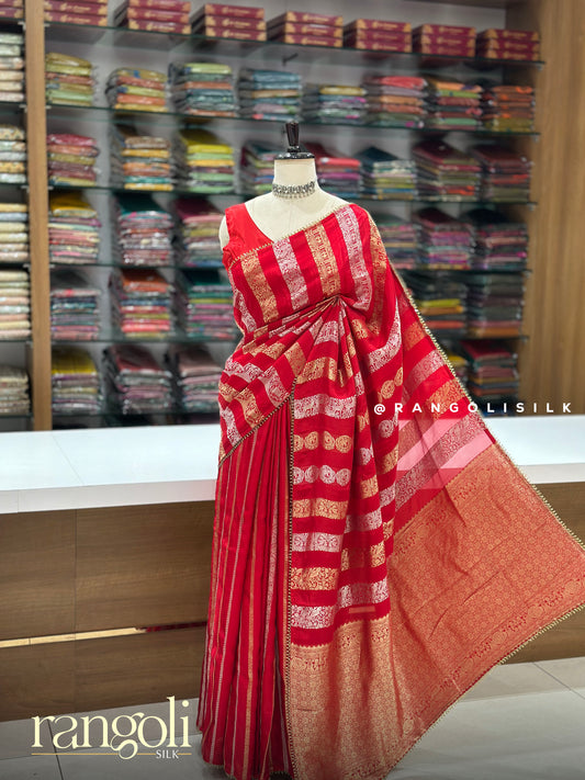 Banaras Saree with Gold Silver Zari Stripes and Bead Tassel Border - Post 1051