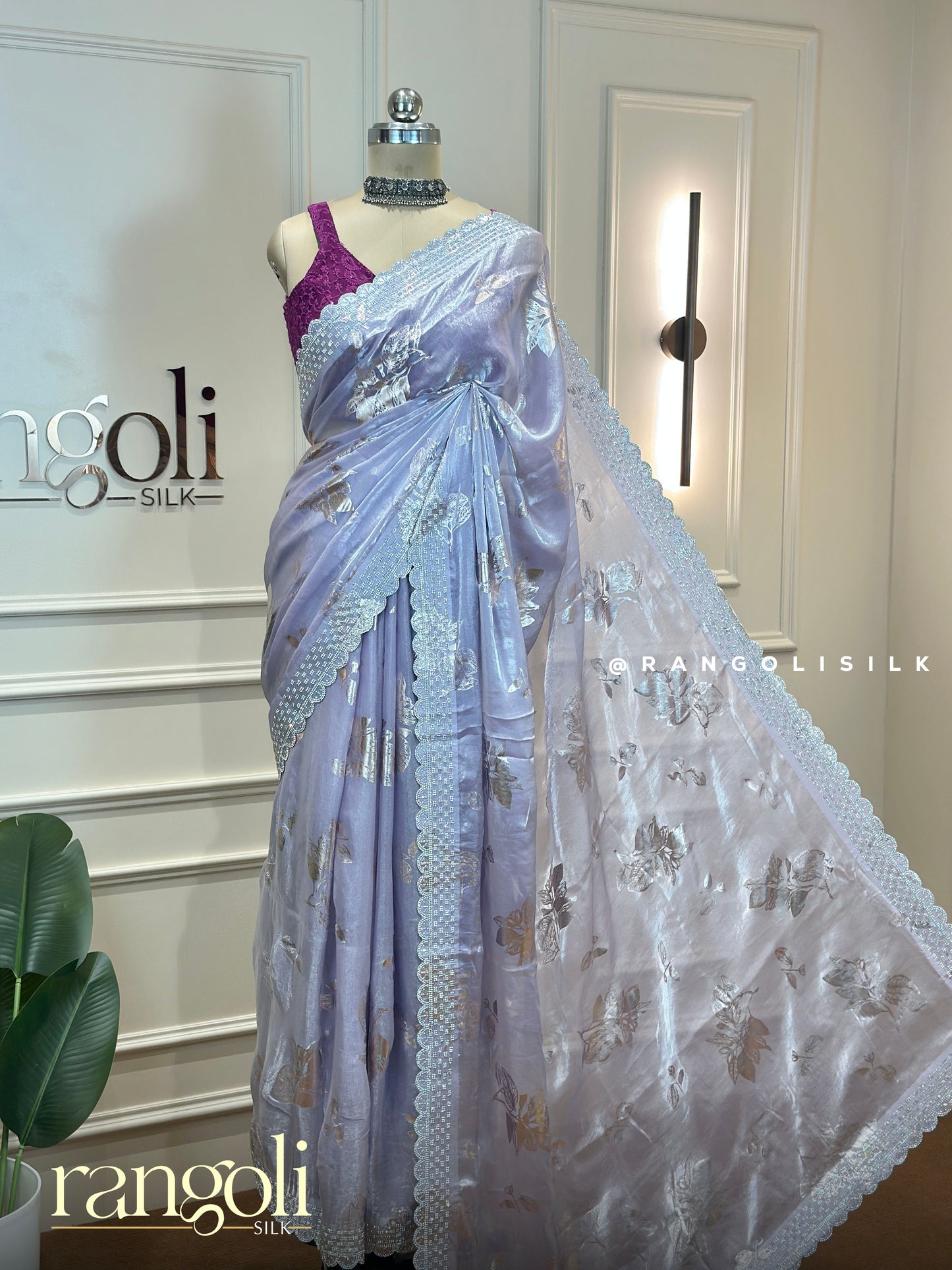 Pastel Designer Shimmer Saree with Floral Foil Print & Lace Border - Post 949