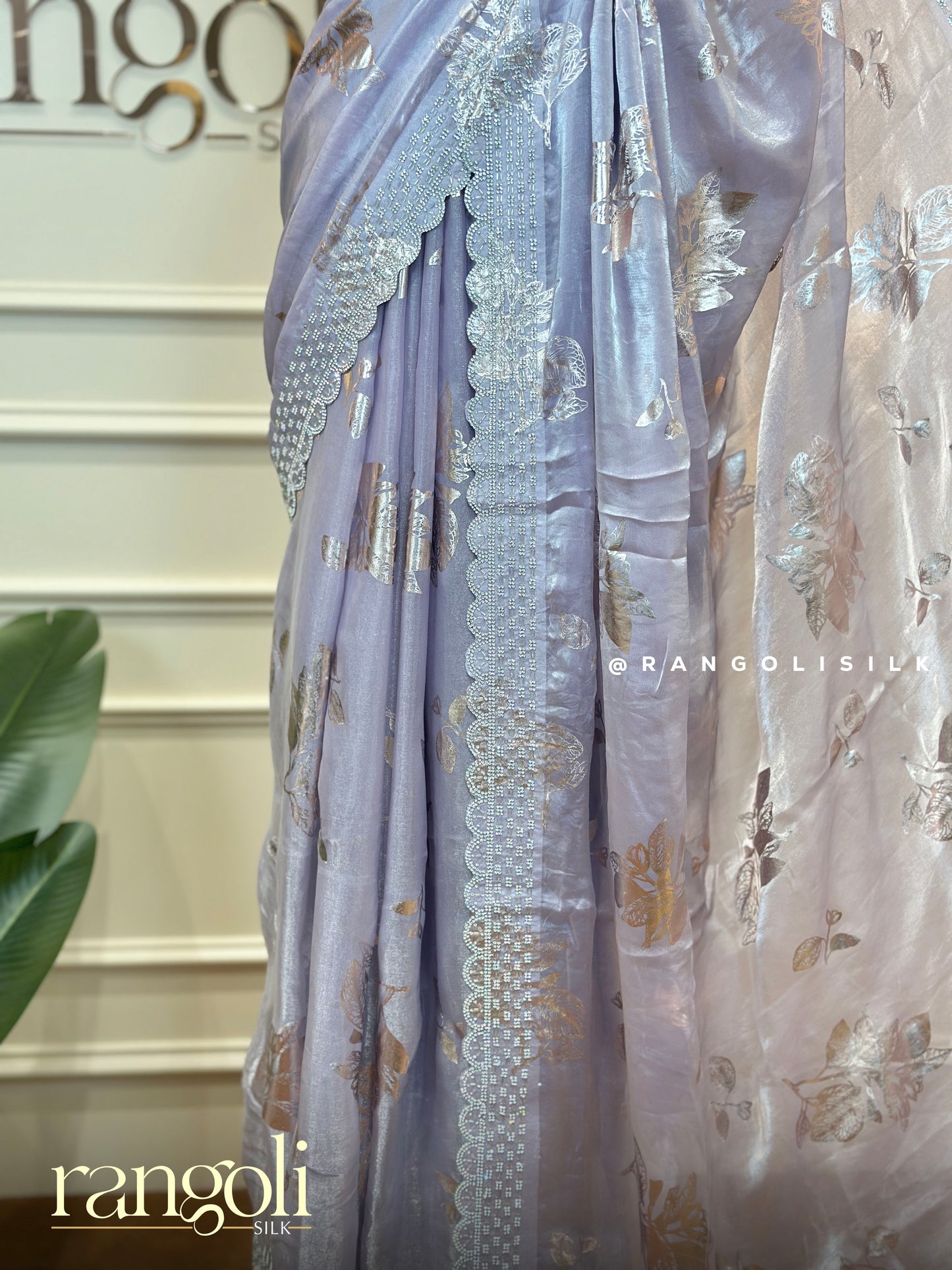 Pastel Designer Shimmer Saree with Floral Foil Print & Lace Border - Post 949