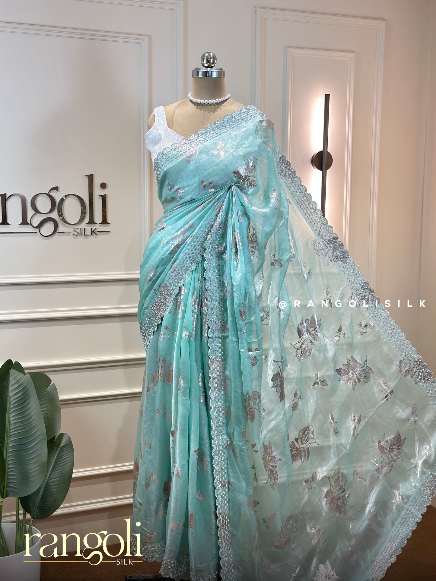 Pastel Designer Shimmer Saree with Floral Foil Print & Lace Border - Post 949