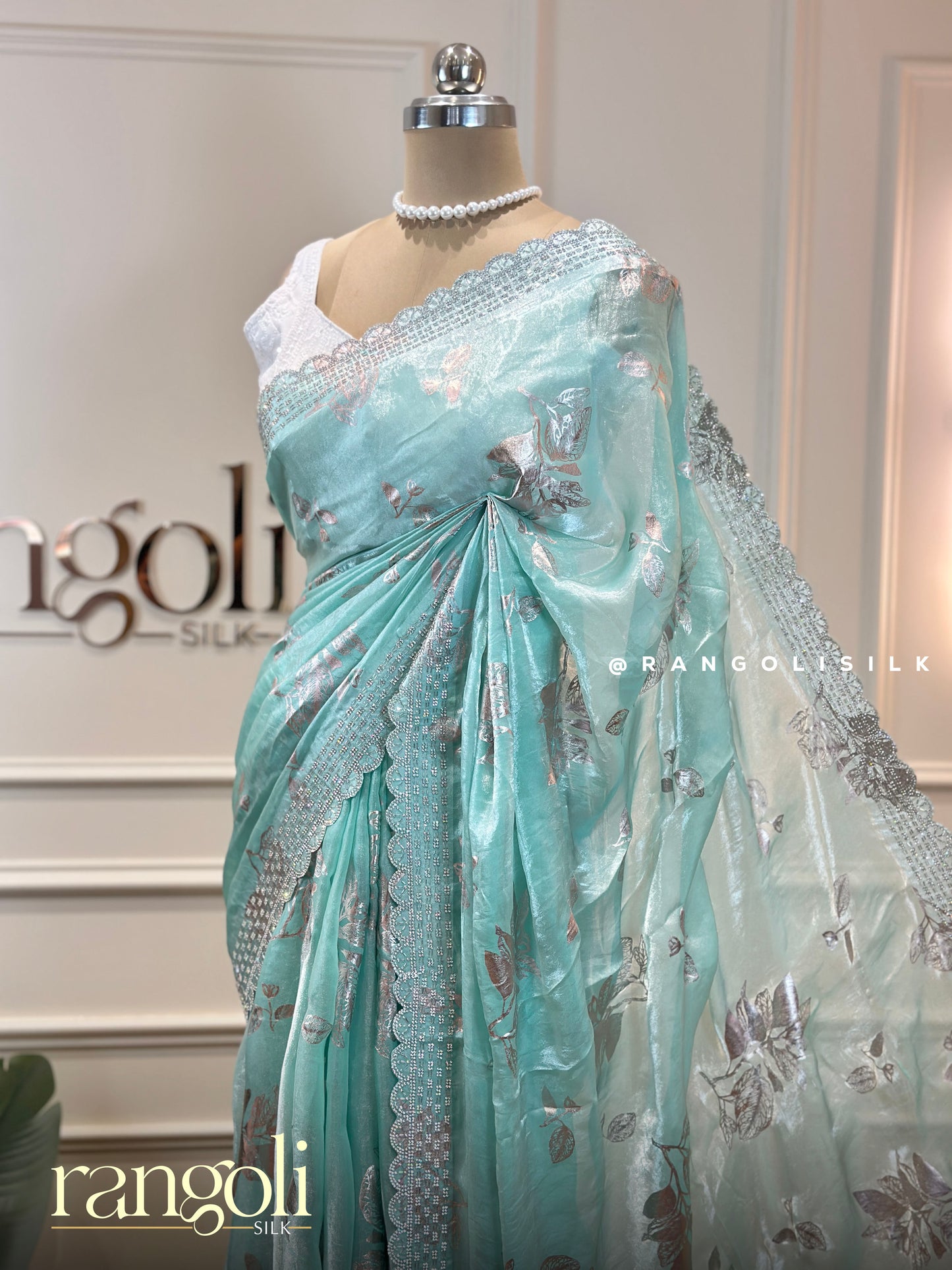 Pastel Designer Shimmer Saree with Floral Foil Print & Lace Border - Post 949