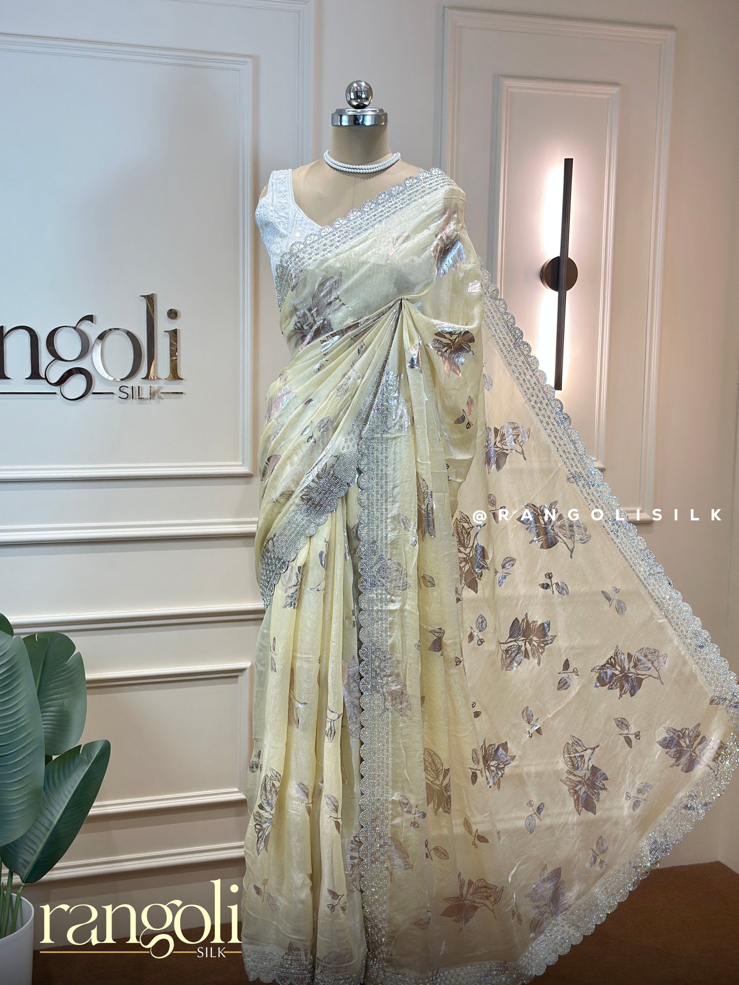 Pastel Designer Shimmer Saree with Floral Foil Print & Lace Border - Post 949