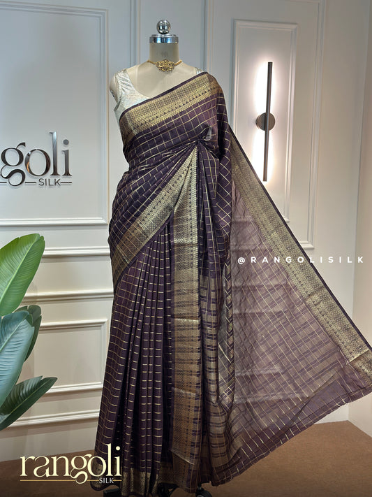 Semi Mysore Silk Saree with Elegant Zari Checks & Woven Border - Post 958