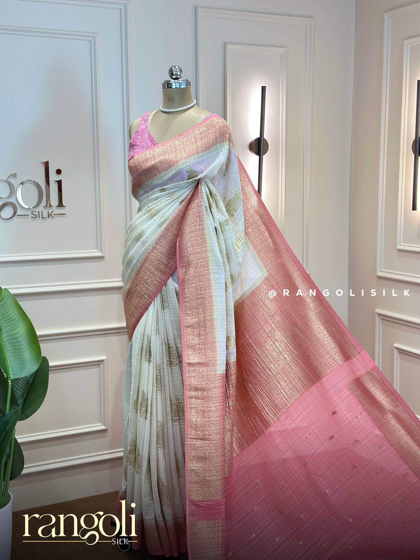 Banarasi Chiffon Georgette Saree in Ivory with Gold Motifs & Pink Border - Post 842