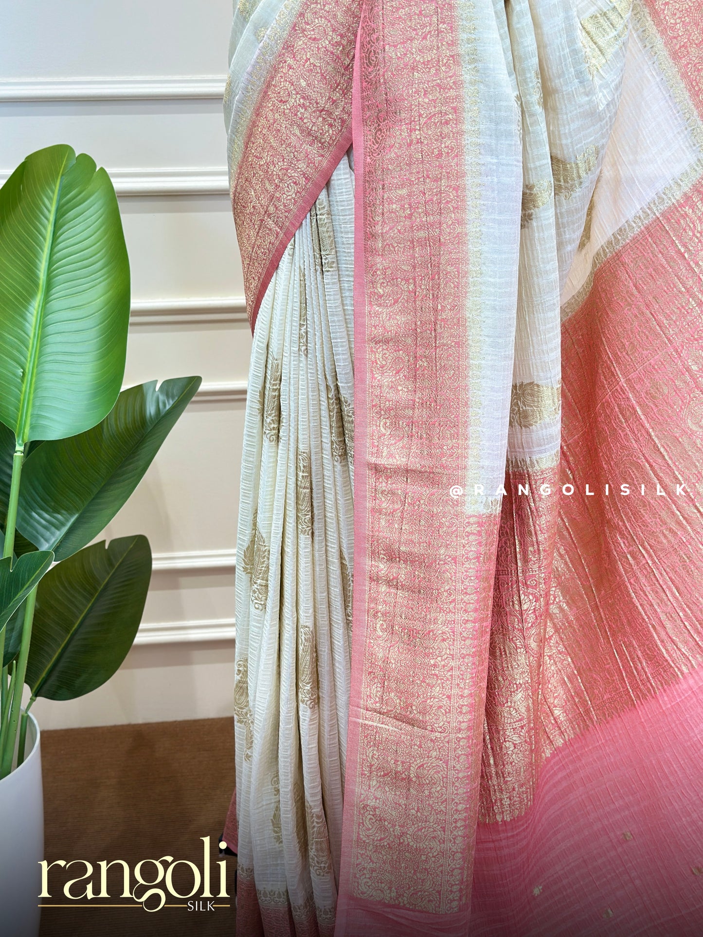 Banarasi Chiffon Georgette Saree in Ivory with Gold Motifs & Pink Border - Post 842