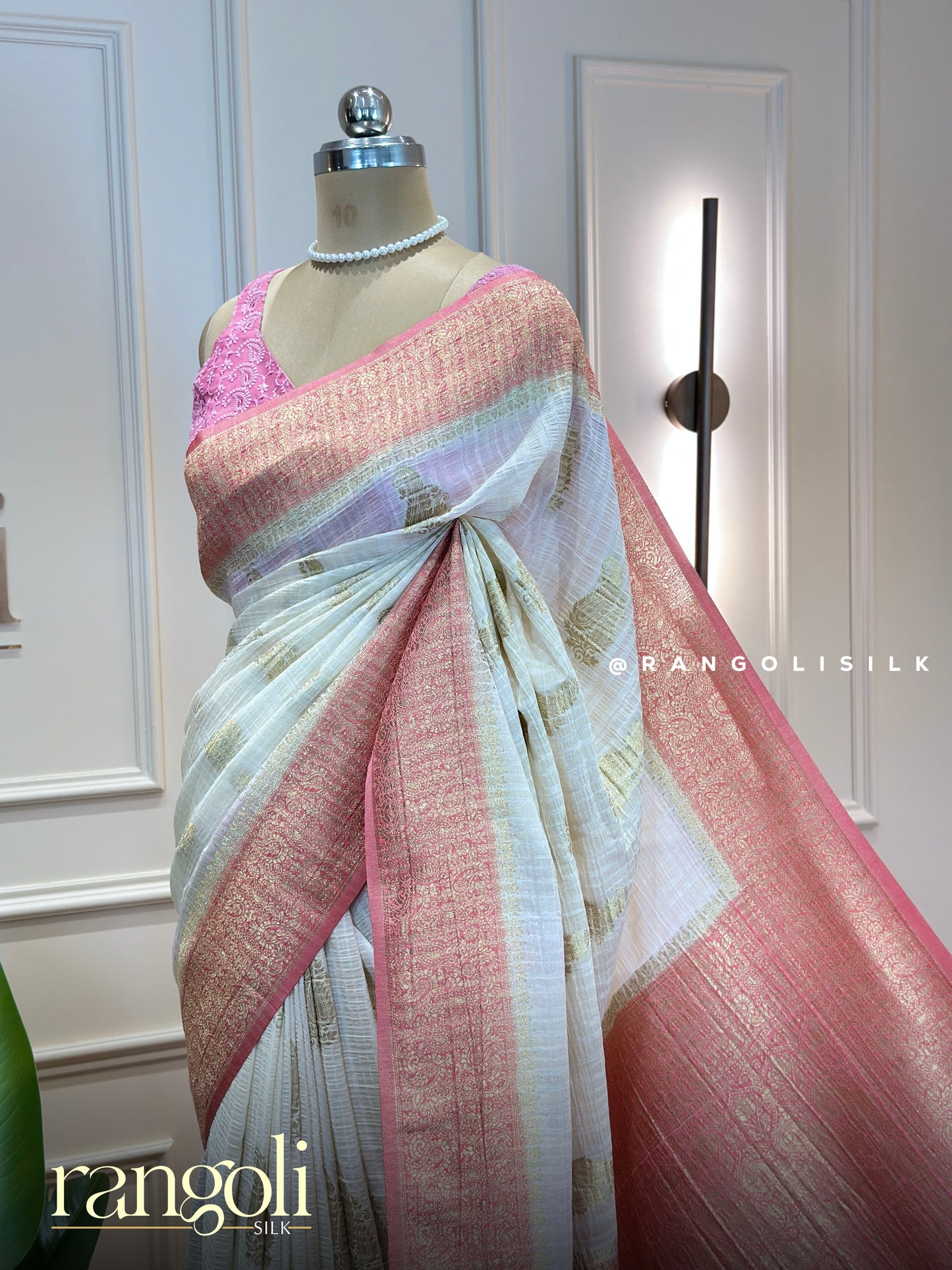 Banarasi Chiffon Georgette Saree in Ivory with Gold Motifs & Pink Border - Post 842