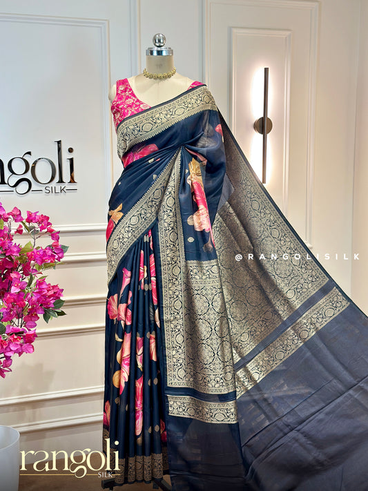 Elegant Black Banaras Chiffon Saree with Floral Design - Post 954