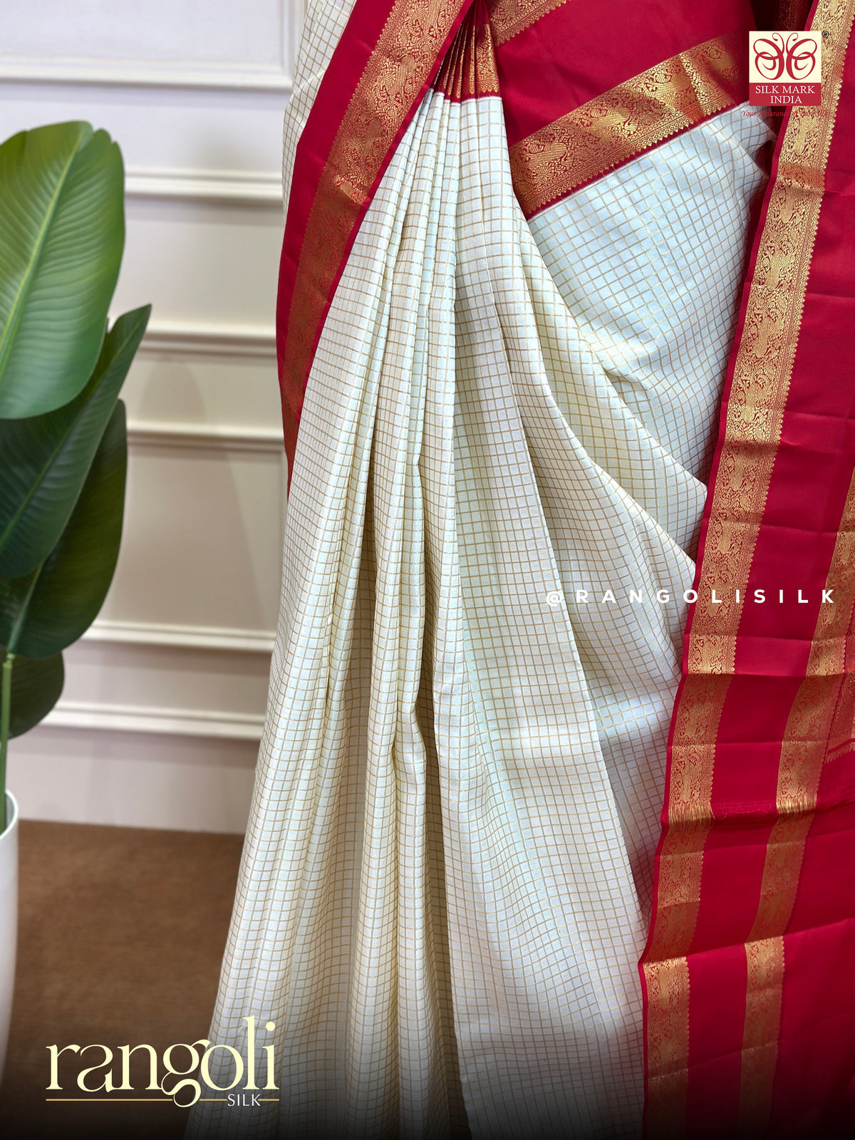 Pure Kanjivaram Silk Saree with Checks Pattern & Bentex Zari Border - Silk Mark Certified -  Post 1053