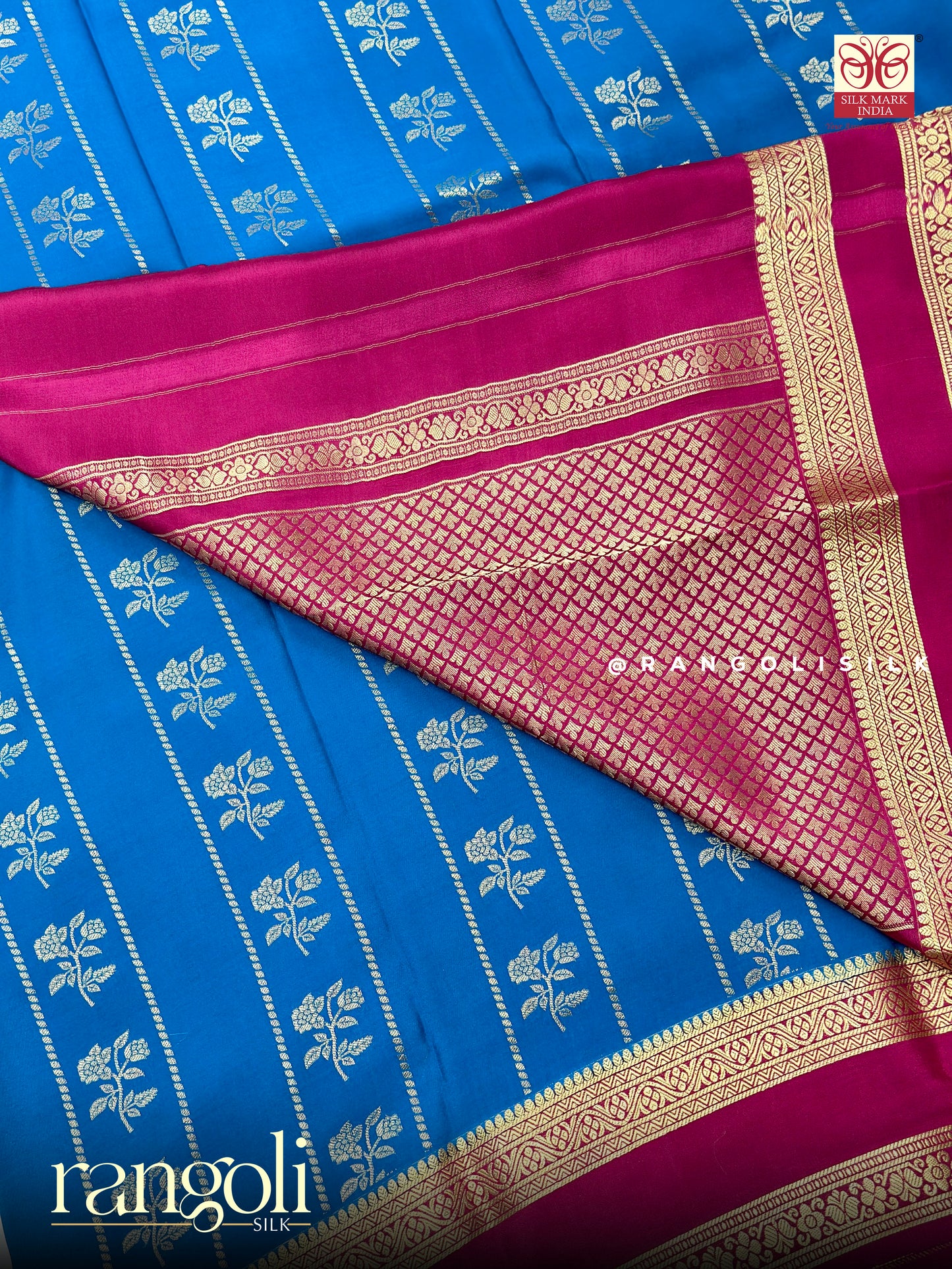 Pure Mysore Crepe Silk Saree in Blue & Pink Contrast - Silk Mark Certified - Post 955