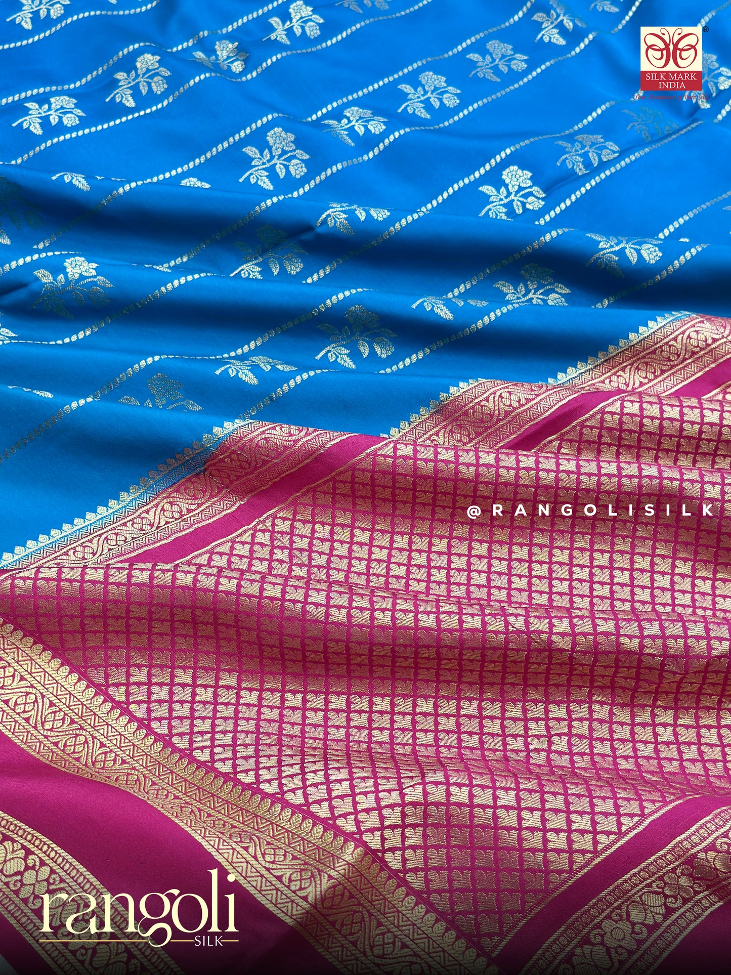 Pure Mysore Crepe Silk Saree in Blue & Pink Contrast - Silk Mark Certified - Post 955