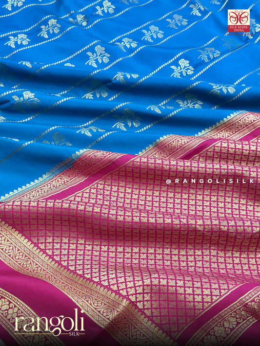 Pure Mysore Crepe Silk Saree in Blue & Pink Contrast - Silk Mark Certified - Post 955