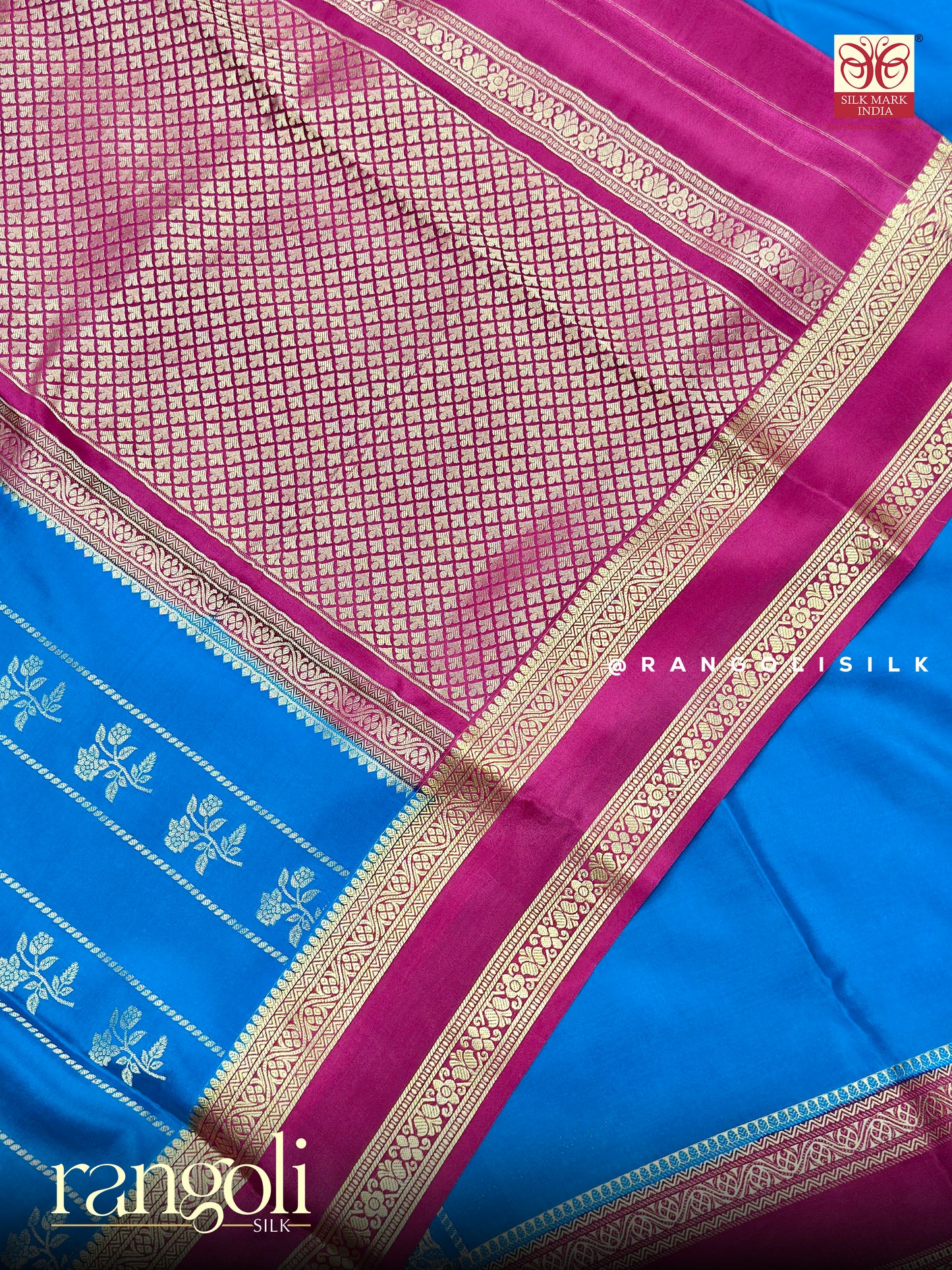 Pure Mysore Crepe Silk Saree in Blue & Pink Contrast - Silk Mark Certified - Post 955