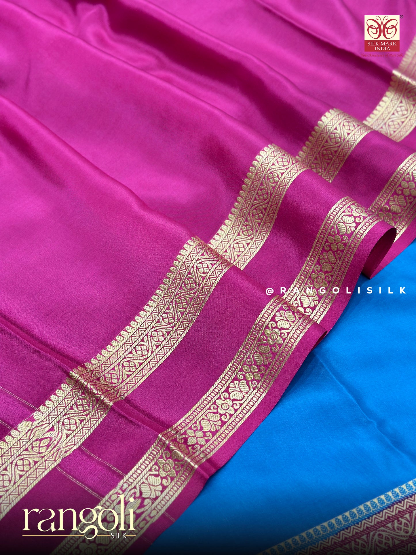 Pure Mysore Crepe Silk Saree in Blue & Pink Contrast - Silk Mark Certified - Post 955