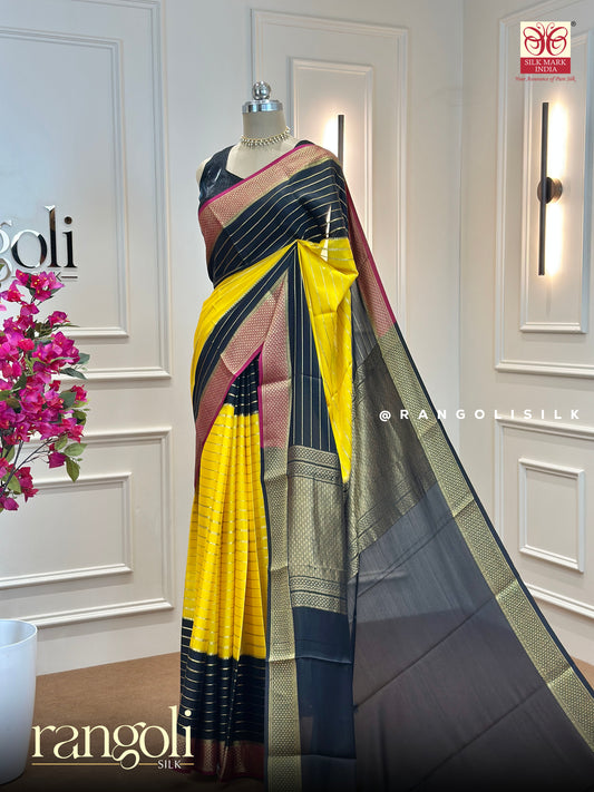 Pure Mysore Silk Saree in Vibrant Yellow with Black & Maroon 3D Pattern - Post 542
