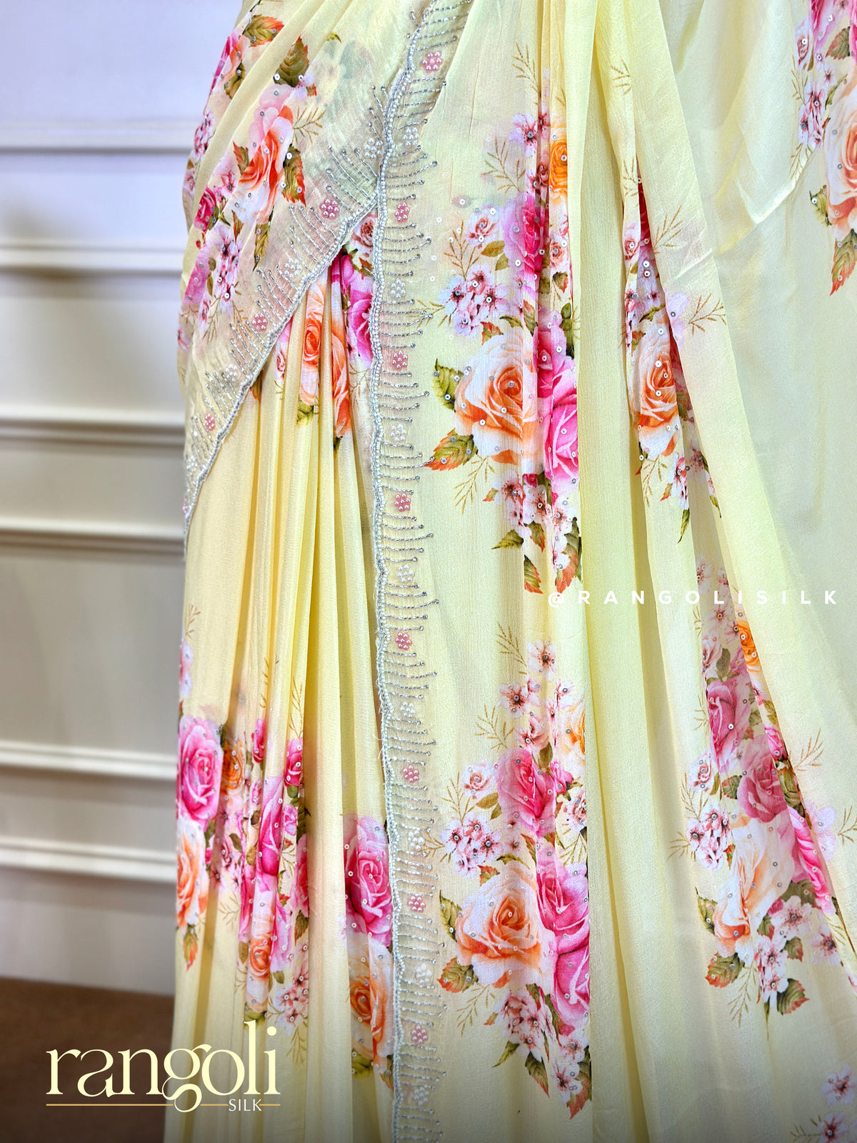 Pastel Floral Printed Designer Saree in Pink, Yellow & Green Shades - Post 1055