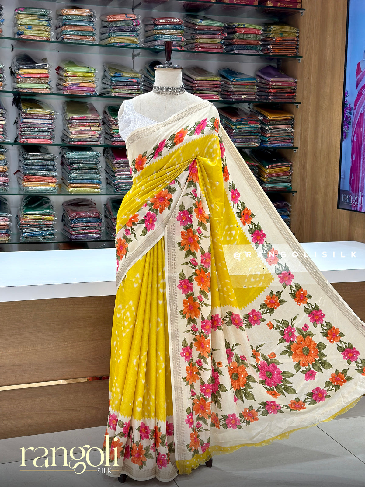 Floral Printed Chiffon Fancy Saree with Mirror Work Accents - Post 1057