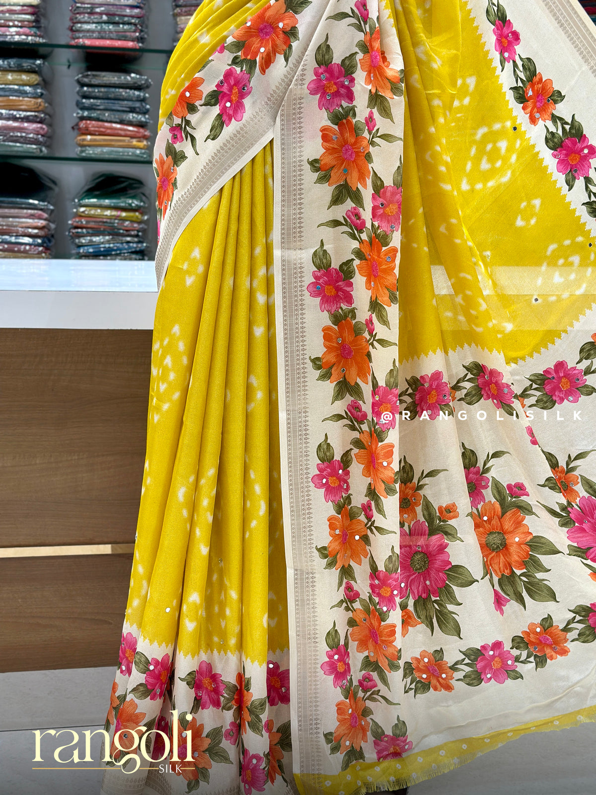 Floral Printed Chiffon Fancy Saree with Mirror Work Accents - Post 1057