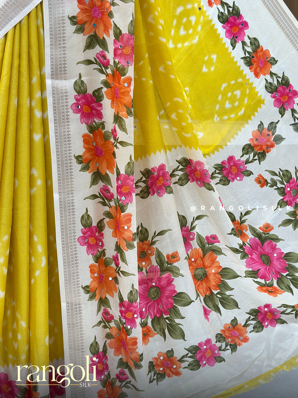 Floral Printed Chiffon Fancy Saree with Mirror Work Accents - Post 1057
