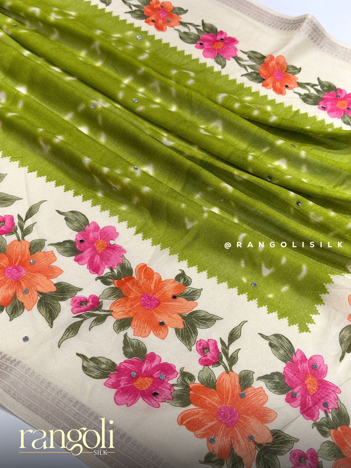 Floral Printed Chiffon Fancy Saree with Mirror Work Accents - Post 1057